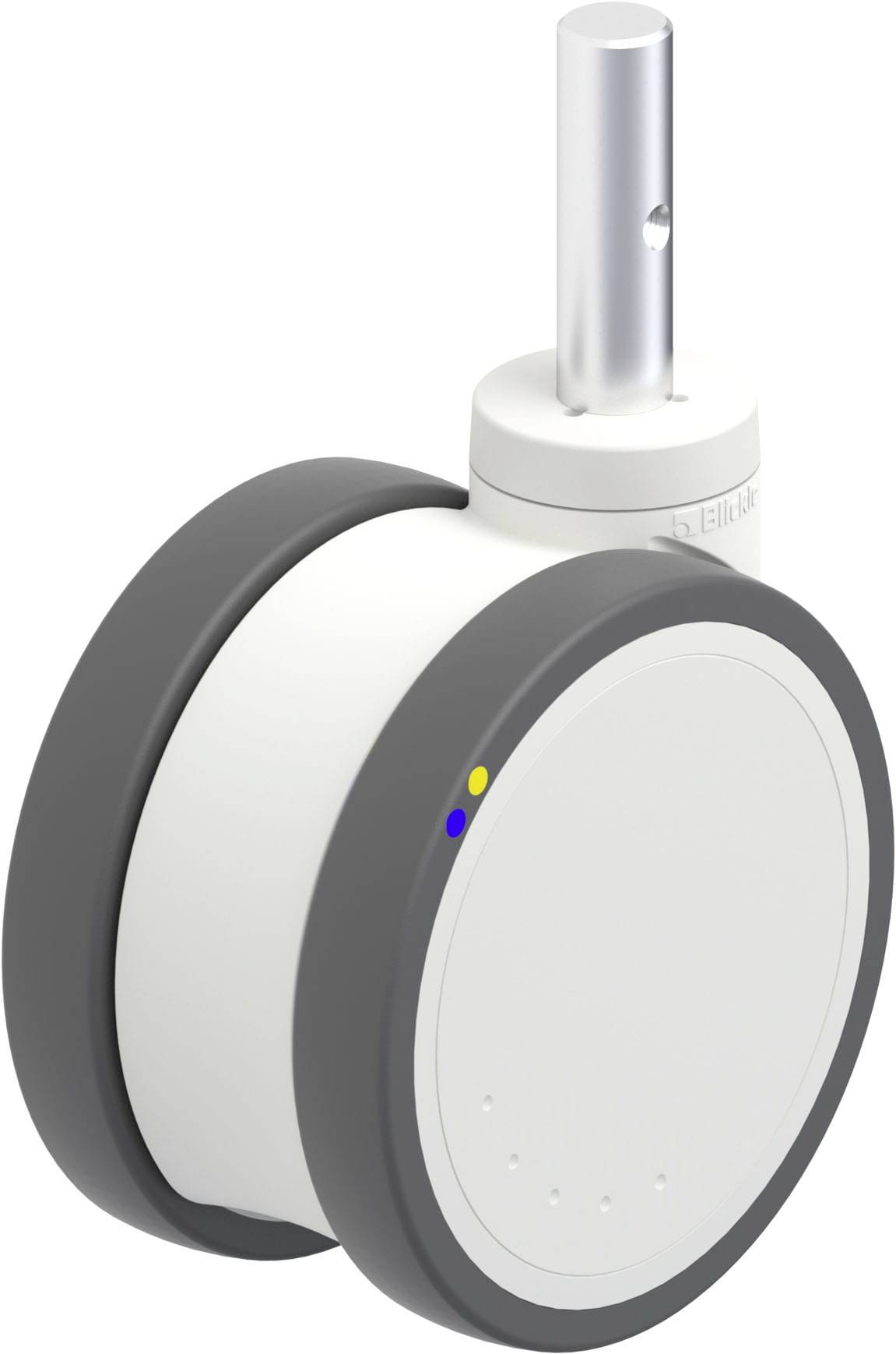 Graues und weißes rundes Gerät mit blauem und gelbem Punkt, möglicherweise ein elektrischer Antrieb oder Sensor.