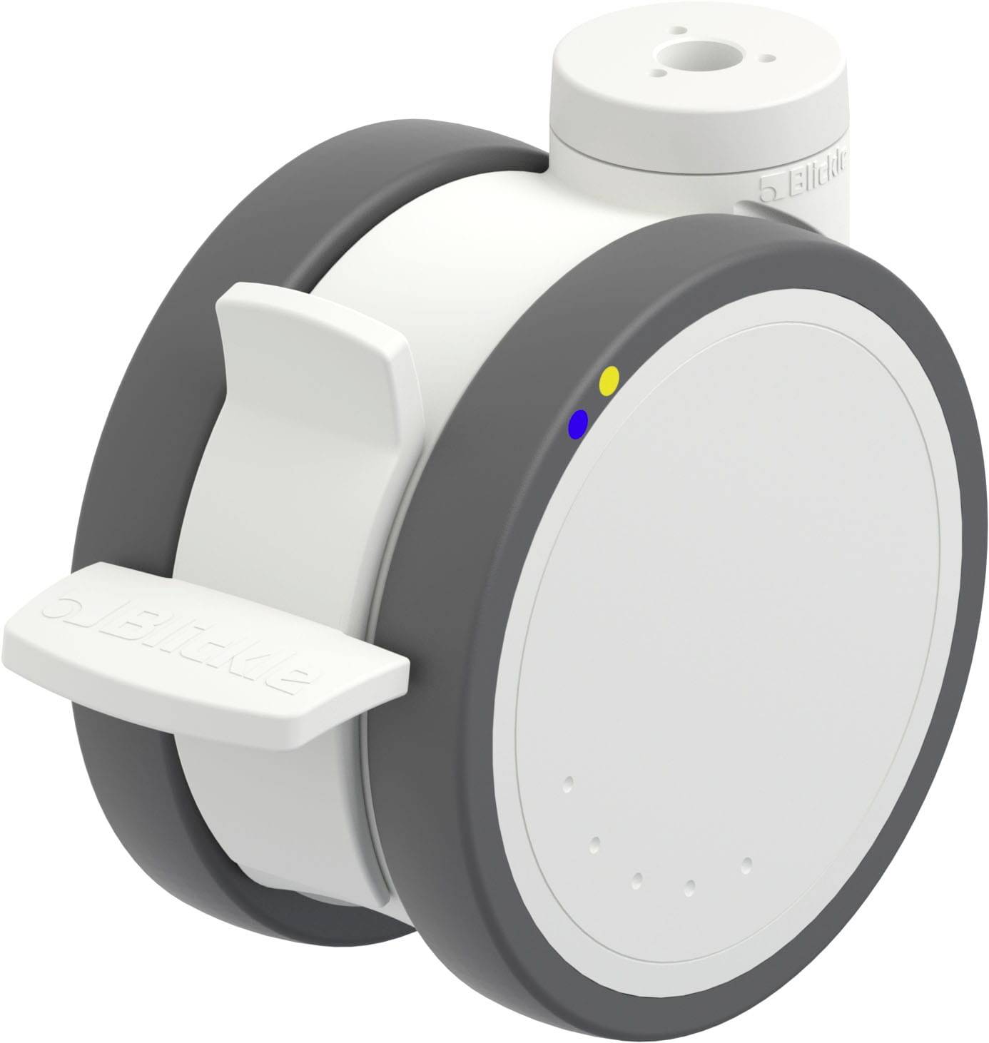 Weiß-graues, rundes Gerät mit zwei seitlichen Griffen und blauer sowie gelber Anzeigeleuchte, möglicherweise ein smartes Küchengerät.