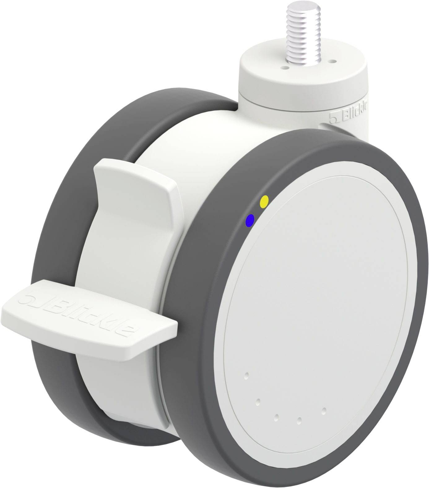 Ein weißes und graues Rad, vermutlich für Möbel oder Ausrüstung, mit einem Metallgewinde oben zur Befestigung.