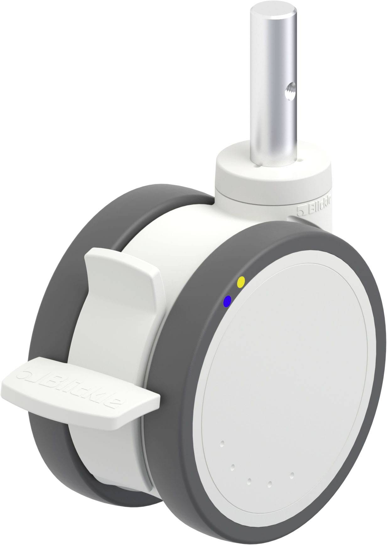 Das Bild zeigt eine weiß-graue Möbelrolle mit Bremshebel und einem zylindrischen Befestigungsstift.