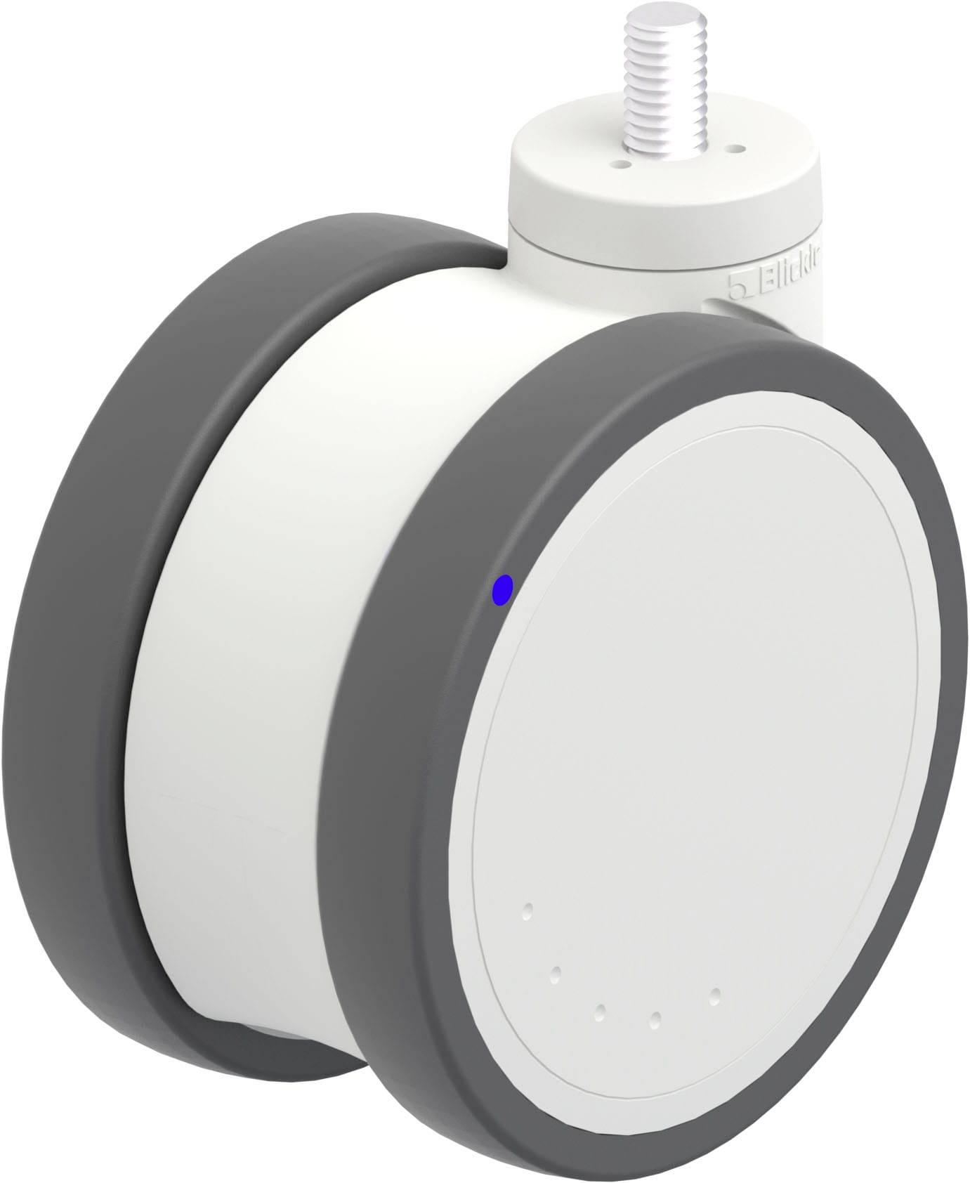 Ein graues und weißes Rollenrad mit Befestigungsgewinde, geeignet für Möbel oder Geräte, zeigt ein modernes und minimalistisches Design.