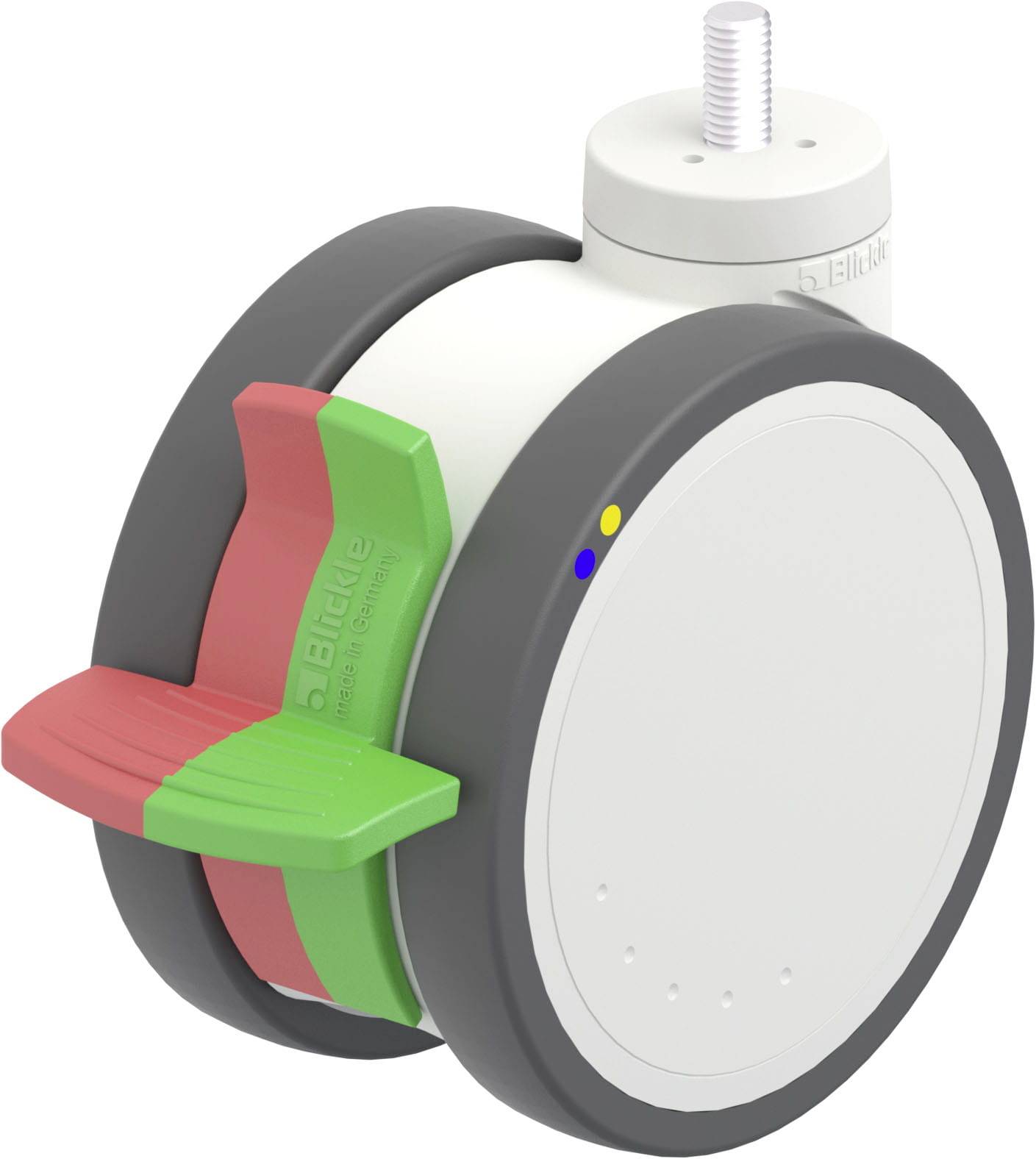 'Räder mit Feststellvorrichtung', eine Rollenbaugruppe mit farbigen Verriegelungshebeln zum Fixieren und Lösen der Bewegung.