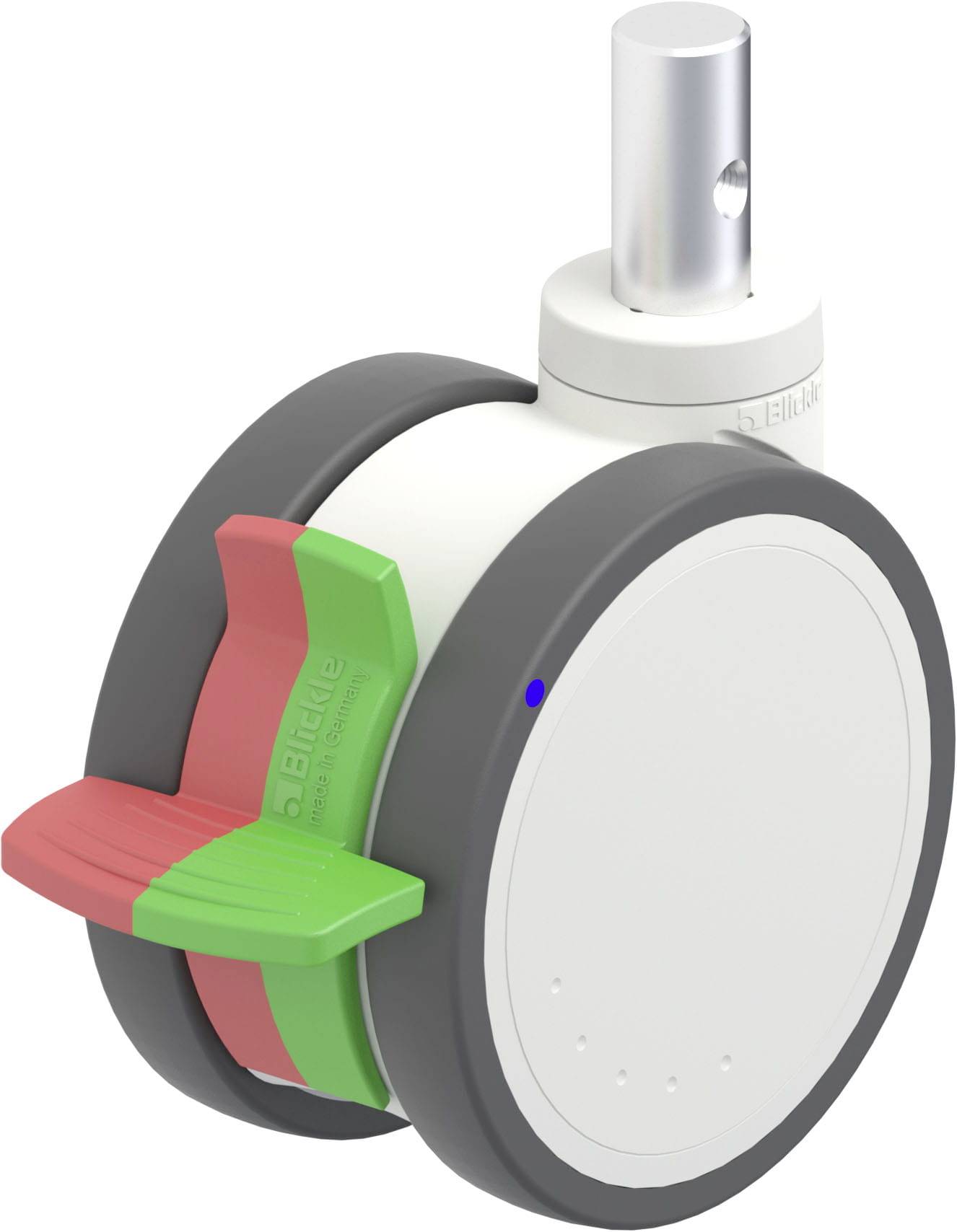 Runde Apparat mit zwei seitlichen Hebeln in Rot und Grün. Graues Rad mit weißem Gehäuse, möglicherweise ein Kontrollmechanismus.