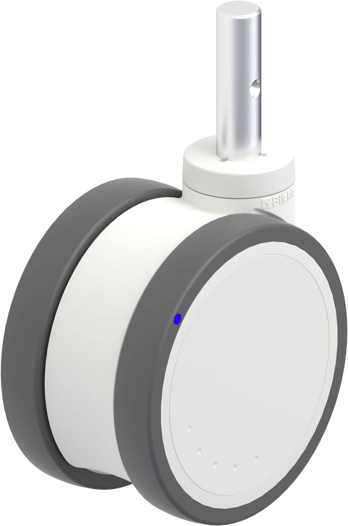 Ein rundes, grauweißes Möbelrad mit integriertem Motor und einem blauen Punkt auf der Seite. Es ist für elektrische Antriebe geeignet.