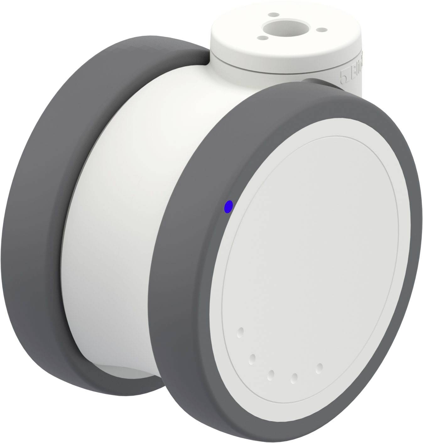 Bianco-graues, zylindrisches Gerät mit blauen Lichtern an den Enden, möglicherweise ein Sensor oder Teil eines mechanischen Systems.