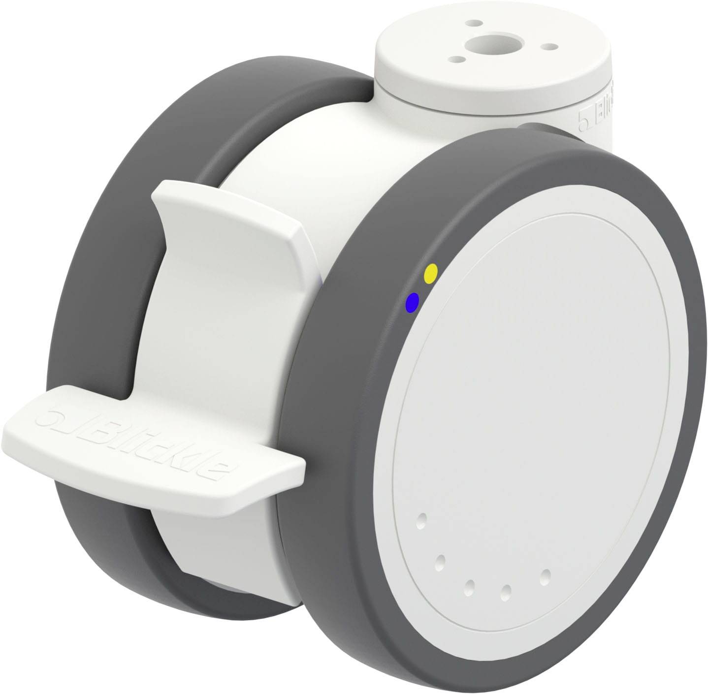 Ein weißer, zylindrischer Sensor mit seitlichen Griffen und grauen Rändern. Die Oberseite hat eine kleine blaue und gelbe LED.