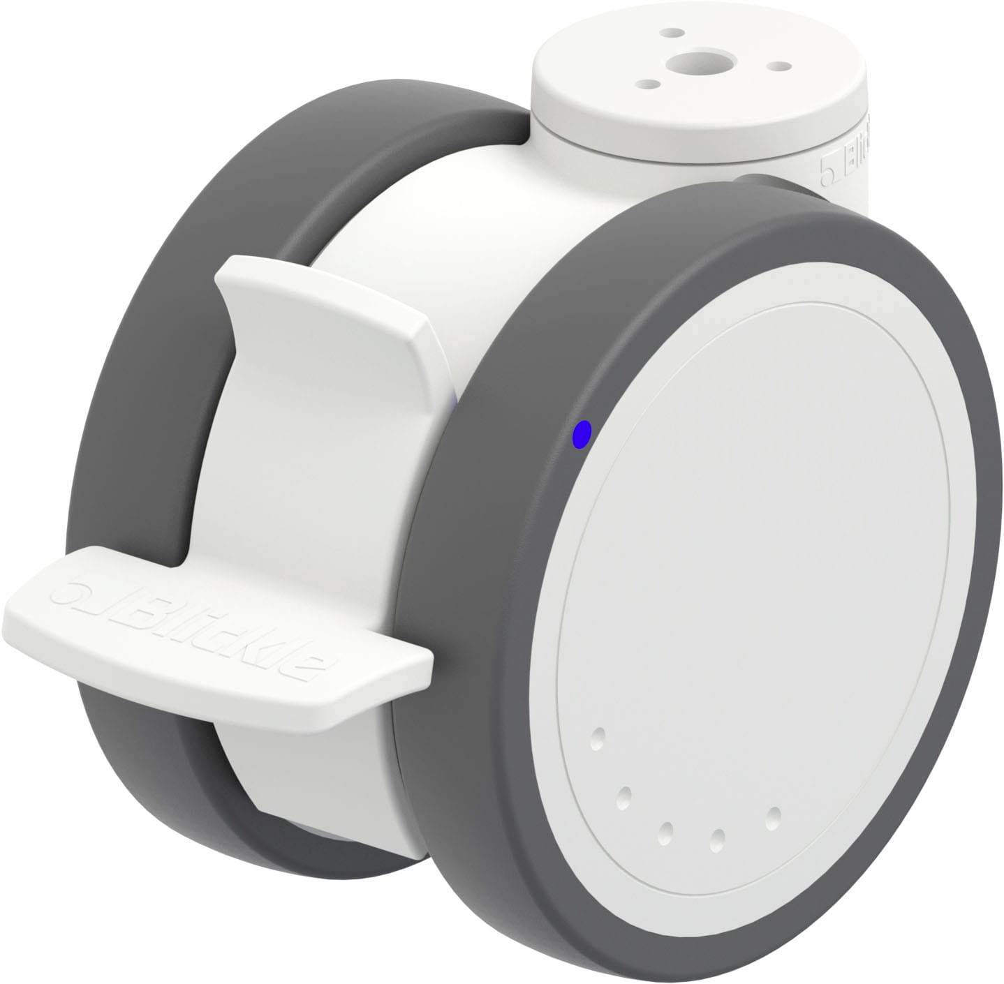 Ein weißes, zylindrisches Gerät mit grauen Rändern. Es sieht aus wie ein elektronisches Bauteil oder Sensor.