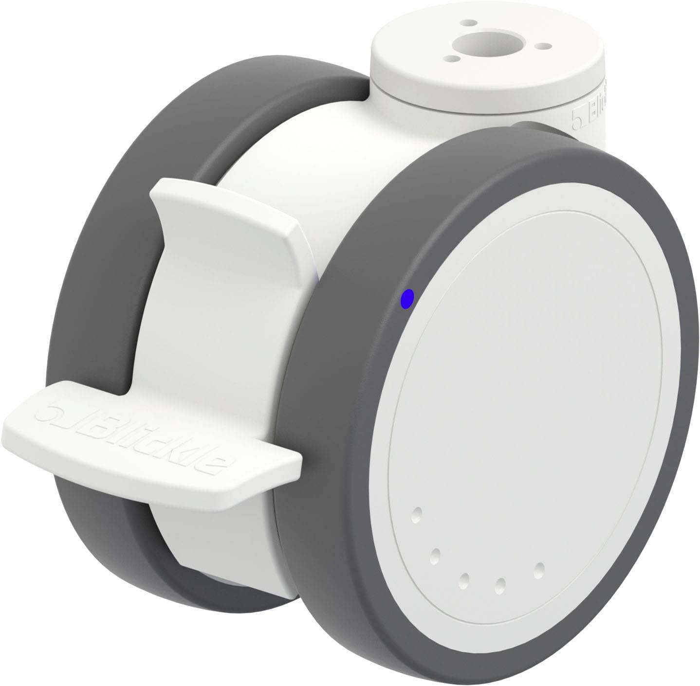 Ein weißer, runder Smart-Roboter mit grauen Rädern und blauer LED-Anzeige, möglicherweise für Indoor-Navigation oder Spielzeugzwecke.