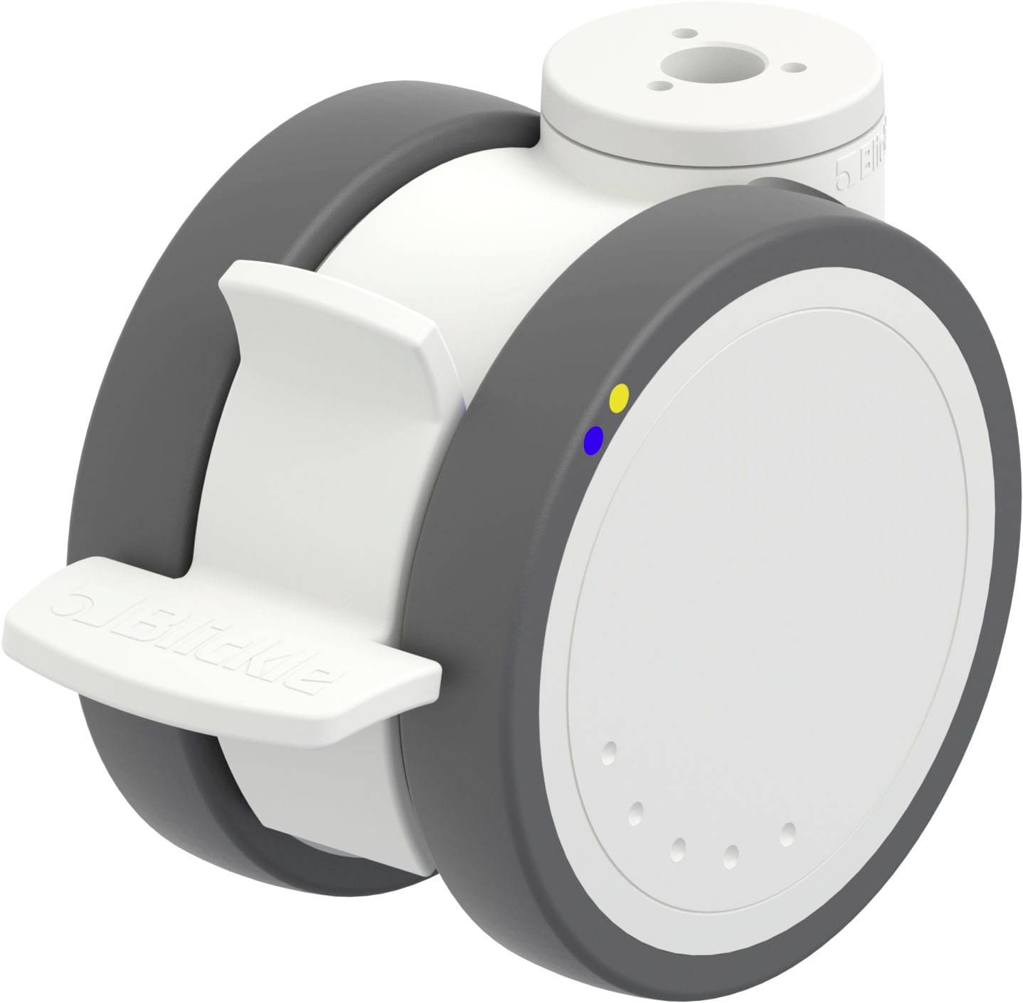 Ein weißer, zylinderförmiger Roboter mit zwei großen, grauen Rädern. Oben sind kleine farbige Markierungen sichtbar.