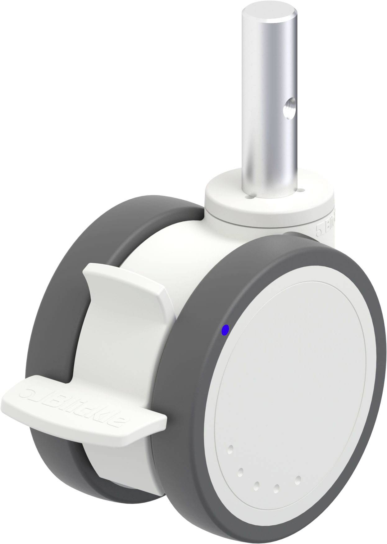 Ein modernes Rad mit grauen Seiten und weißem Gehäuse, vermutlich für Möbel oder Stühle, mit einem Metallstift zur Befestigung.