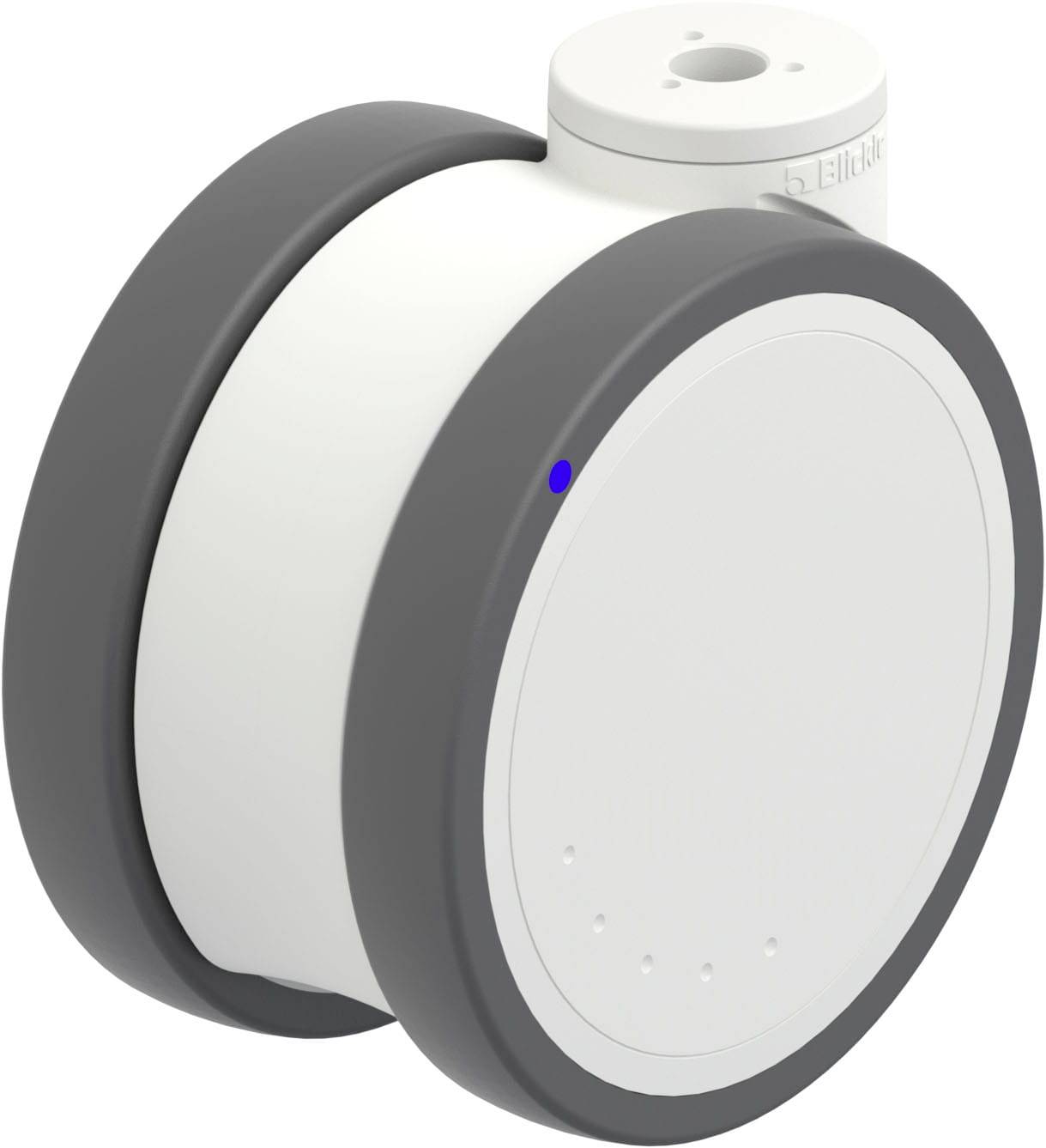 Ein modernes, rundes IoT-Gerät mit grauen und weißen Elementen, wahrscheinlich ein Sensor oder eine smarte Technologie-Komponente.