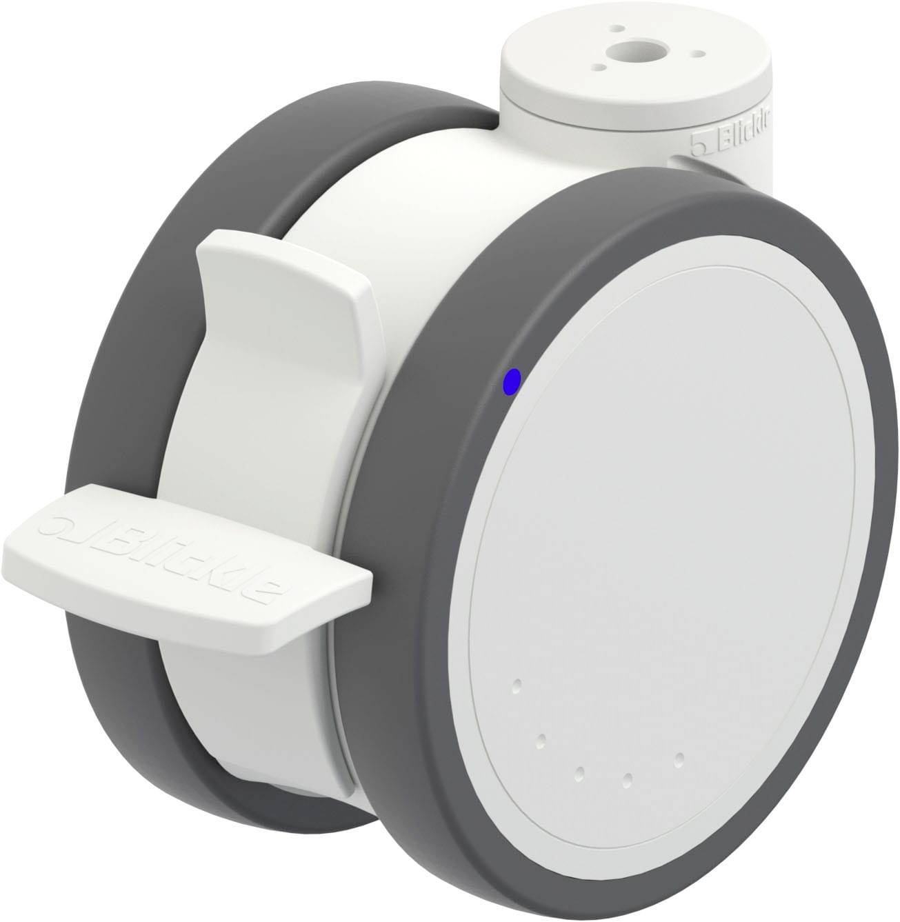 Ein weißer, runder Sensor mit grauem Rand und blauer LED-Anzeige, möglicherweise ein Sicherheitssensor oder Heimgerät.
