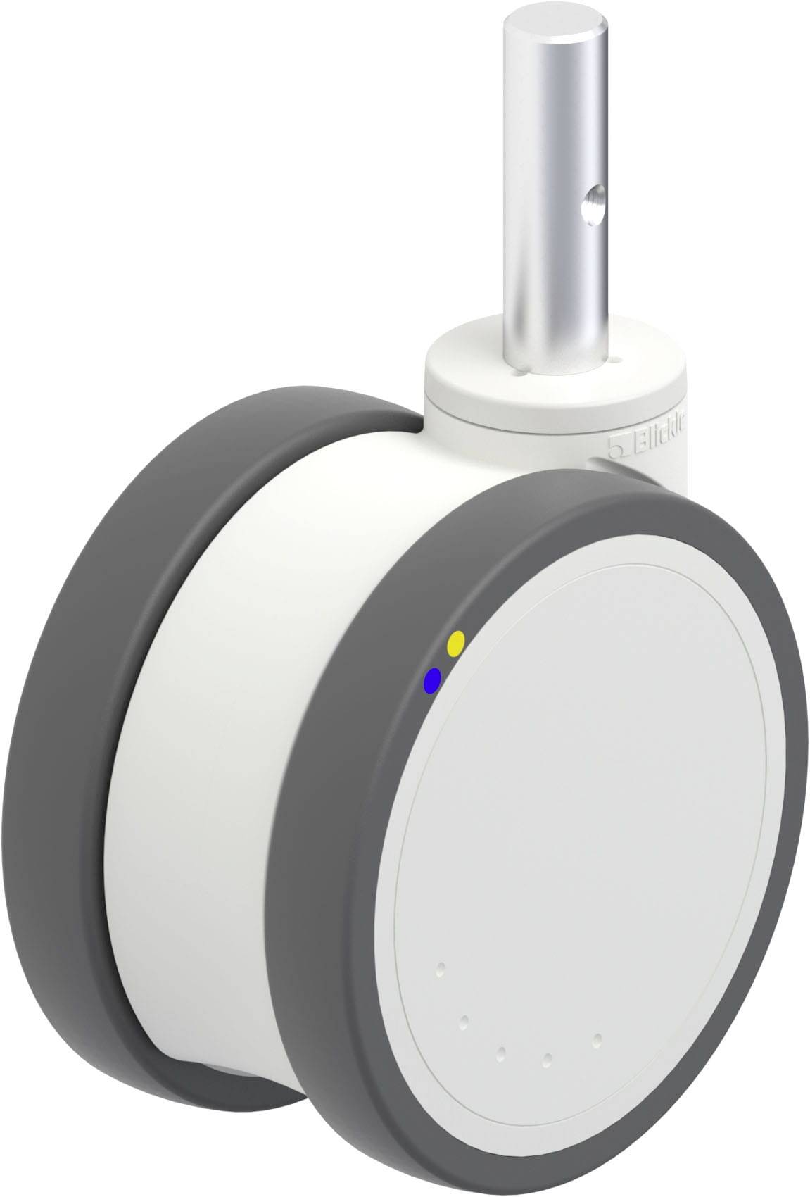 Ein grau-weißer Drehstuhl-Rollfuß mit einem silbernen Metallstift an der Oberseite. Der Fuß hat drei kleine farbige Punkte.