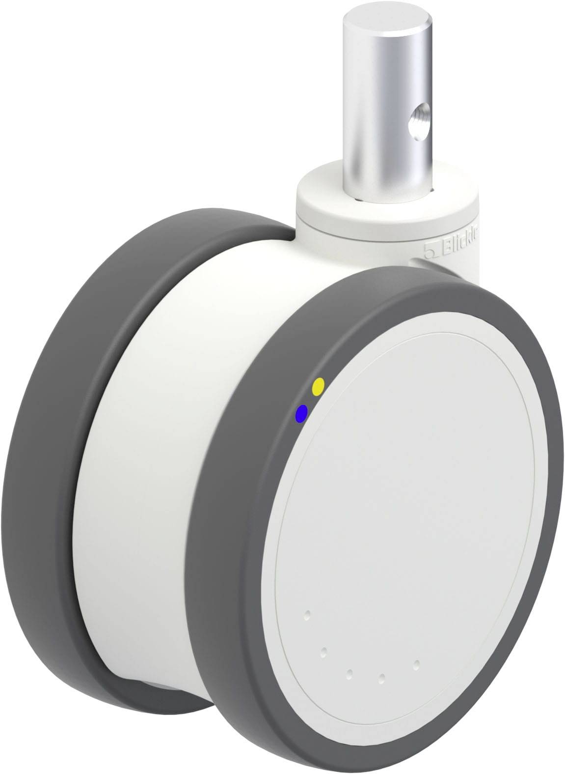 Rundes Möbelrad in Weiß und Grau mit silbernem Metallstift oben, geeignet für Bürostühle oder Tische.