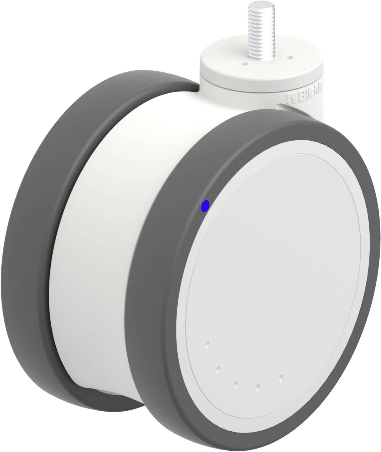 Weiße, runde Möbelrolle mit grauem Gummiring und Metallgewinde oben. Kleine blaue LED-Anzeige auf der Seite.