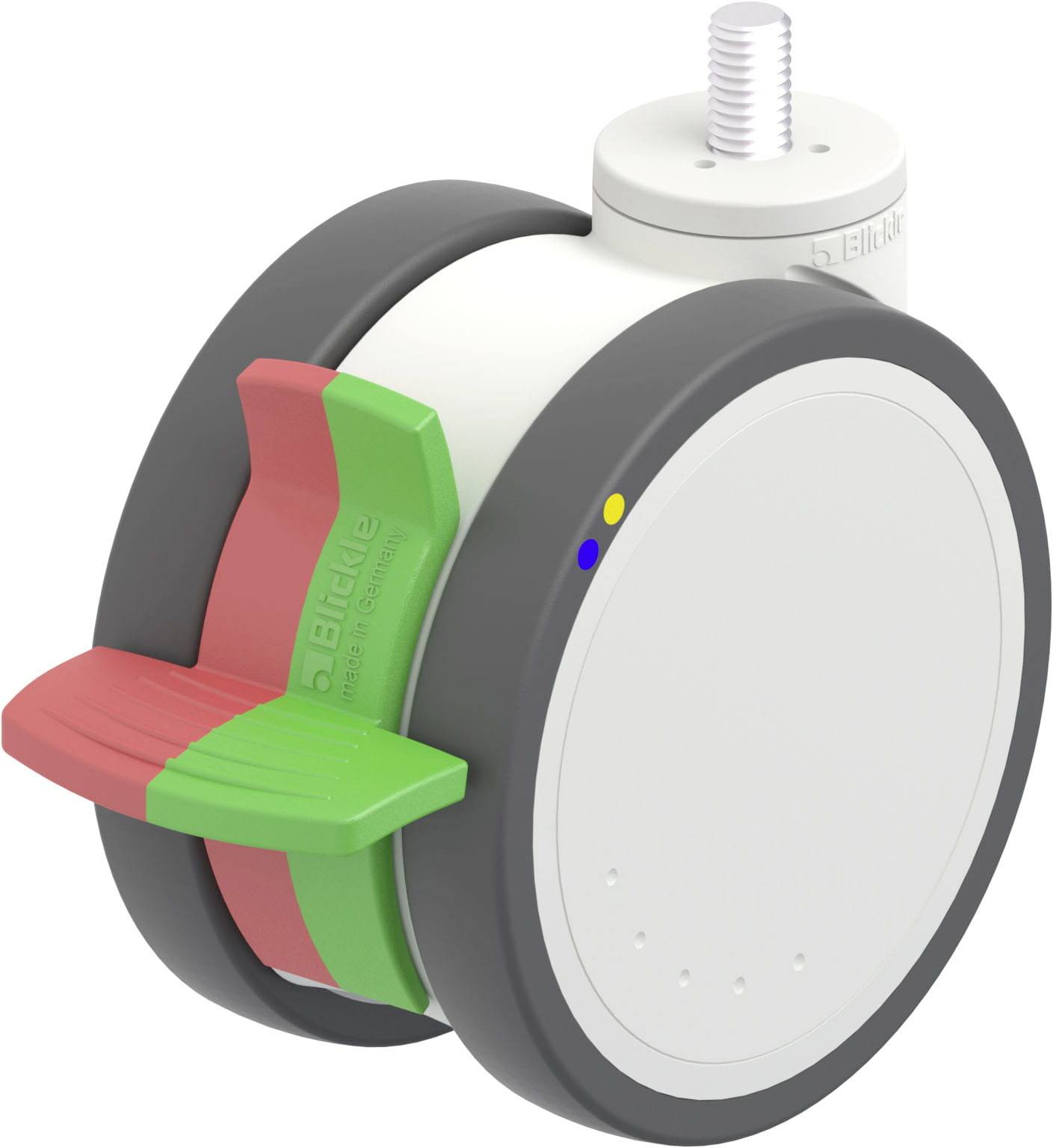 Graues Rad mit rotem und grünem Hebel, befestigt an einem weißen Gehäuse mit einem Schraubgewinde oben.