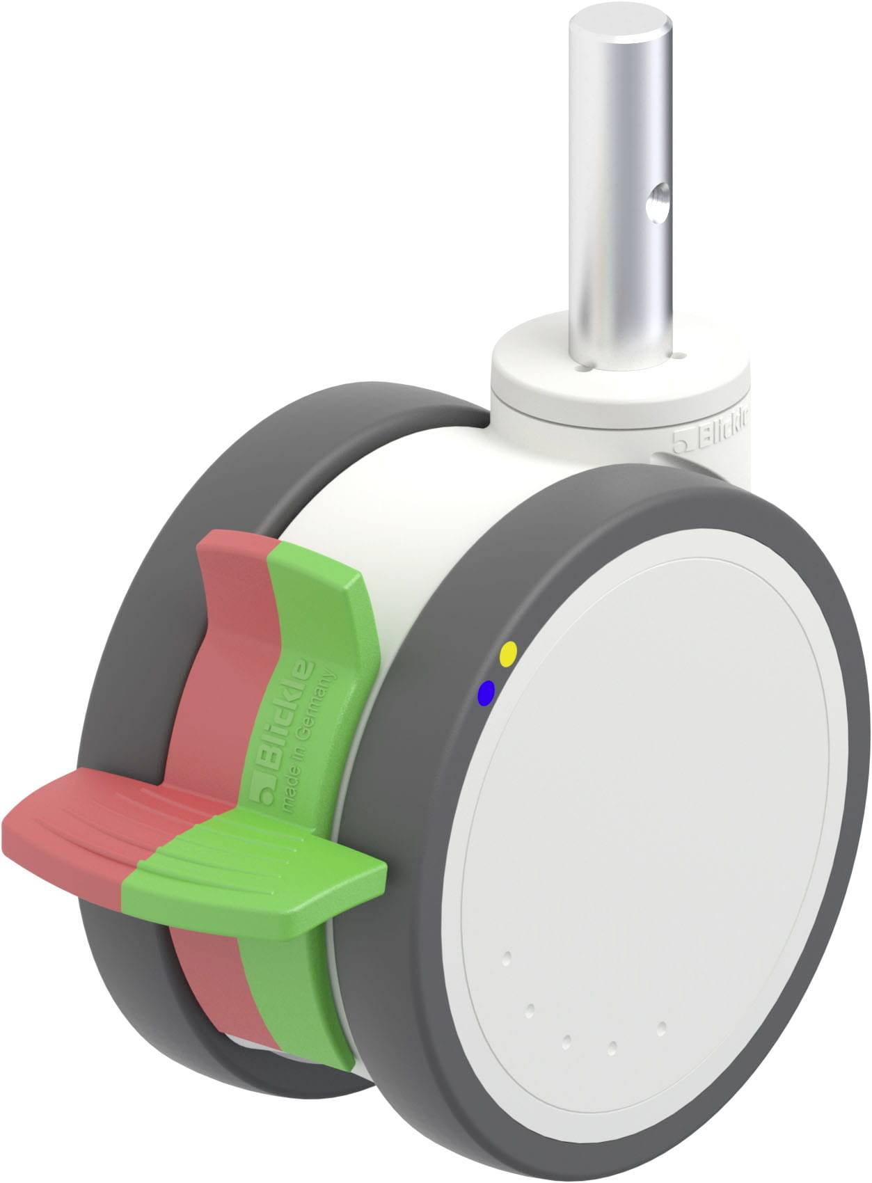 Ein modernes Kunststoffrad mit seitlichen grünen und roten Hebeln und einem Metallstift oben, möglicherweise für ein technisches Gerät.