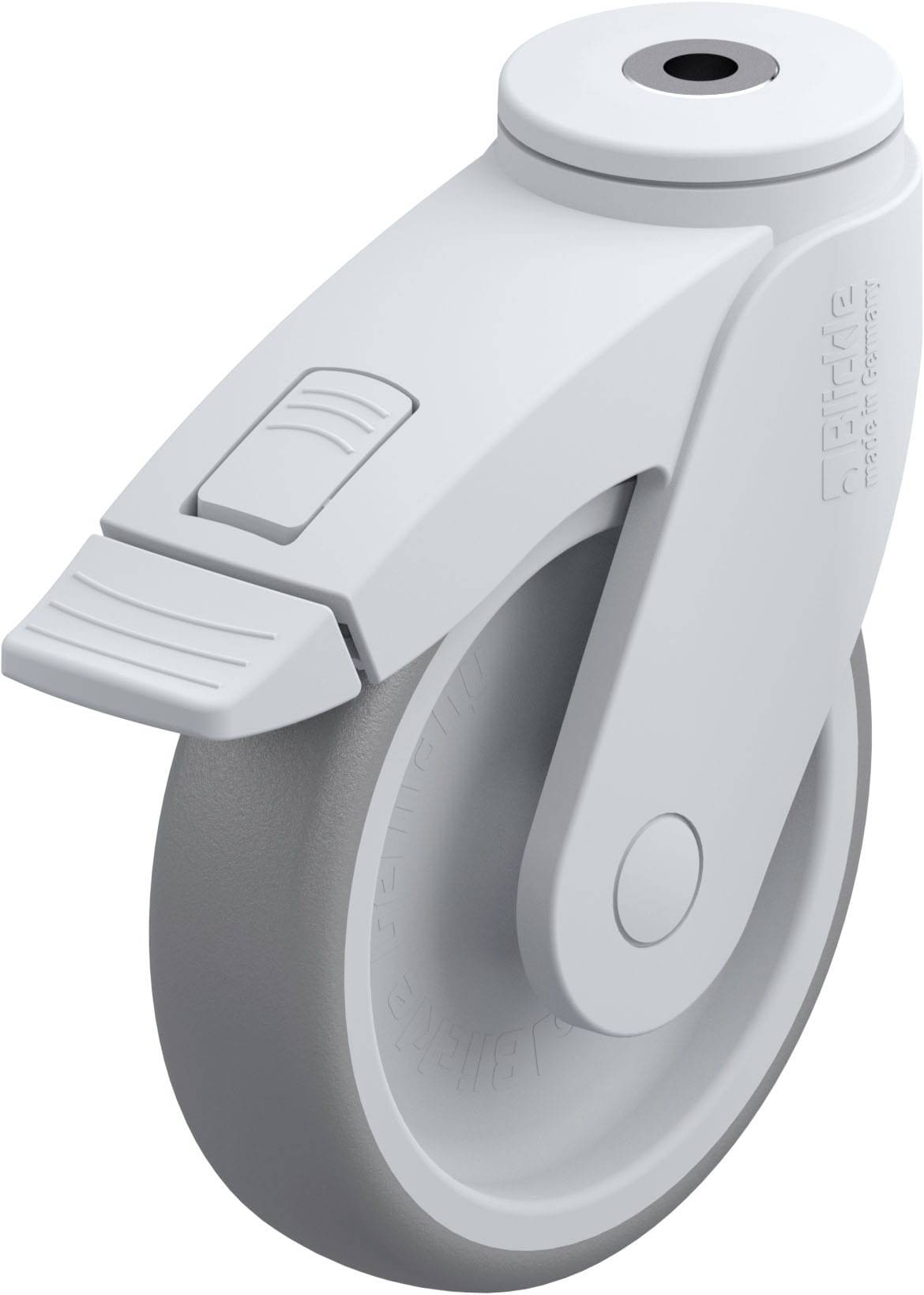 Graues Möbelrad mit Bremse, geeignet für Möbel oder Geräte in Innenräumen. Ergonomisches Design, robustes und funktionales Bauteil.