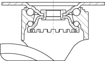 Ein technisches Diagramm zeigt einen Querschnitt eines Kugellagers mit mehreren Kugeln, einem Käfig und Dichtungen in einem Gehäuse.