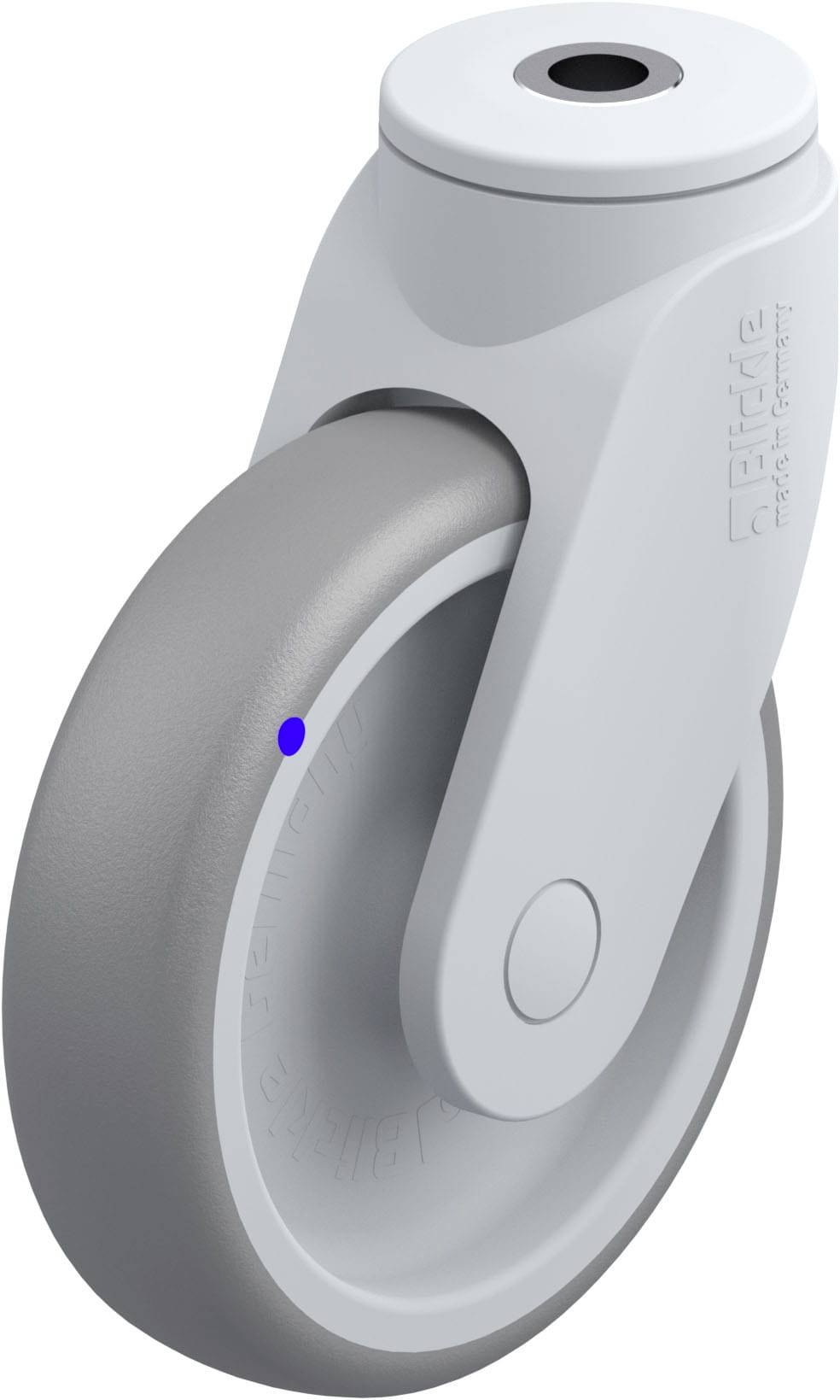 Graues Kunststoff-Lenkrolle für Möbel mit glatter Oberfläche und einseitigem Befestigungsmechanismus; Design für leichte Mobilität.