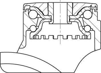 Technische Zeichnung eines mechanischen Kugellagers im Querschnitt, zeigt Kugeln, Hülse und Rillen zur Veranschaulichung der Bauweise.