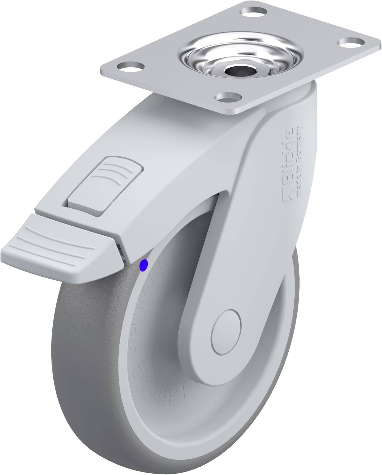 Graue Lenkrolle mit einem Befestigungsblech und einem Arretierungshebel an der Seite. Ideal für Möbel oder Industrieanwendungen.