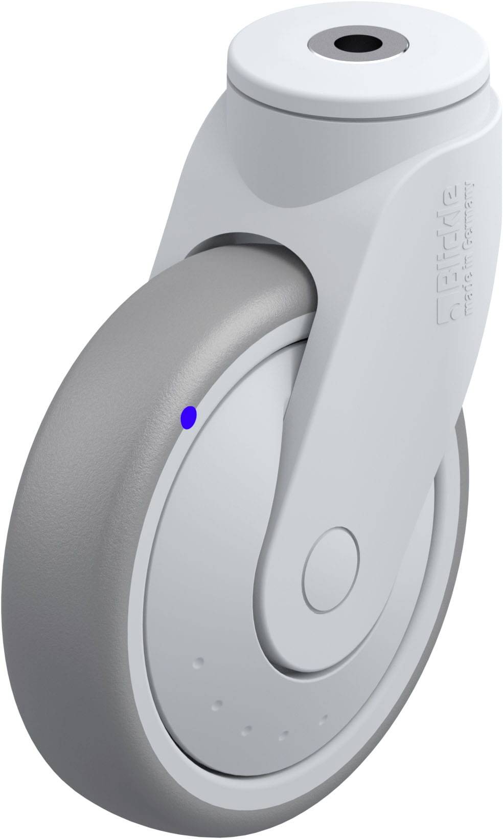 Ein graues, modernes Rad mit einem integrierten, weißen Befestigungsmechanismus. Geeignet für Möbel oder Geräte.