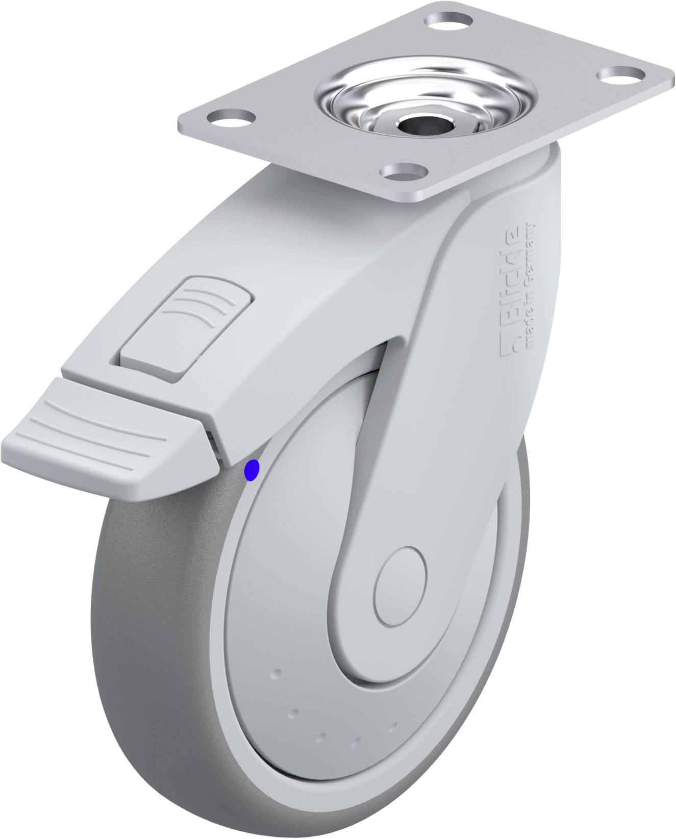Ein graues Möbelrad mit Drehgelenk und rechteckiger Metallbefestigung. Das Rad hat eine Bremsvorrichtung und einen blauen Punkt.