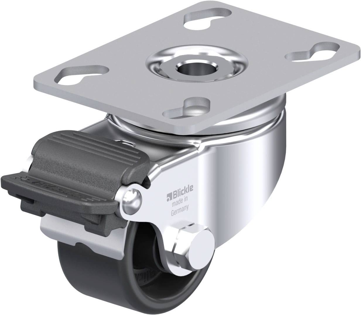 Industrie-Schwenkrolle aus Metall mit Kunststoffrad, geeignet für schwere Lasten. Silberfarbene Befestigungsplatte mit vier Montageschlitzen.