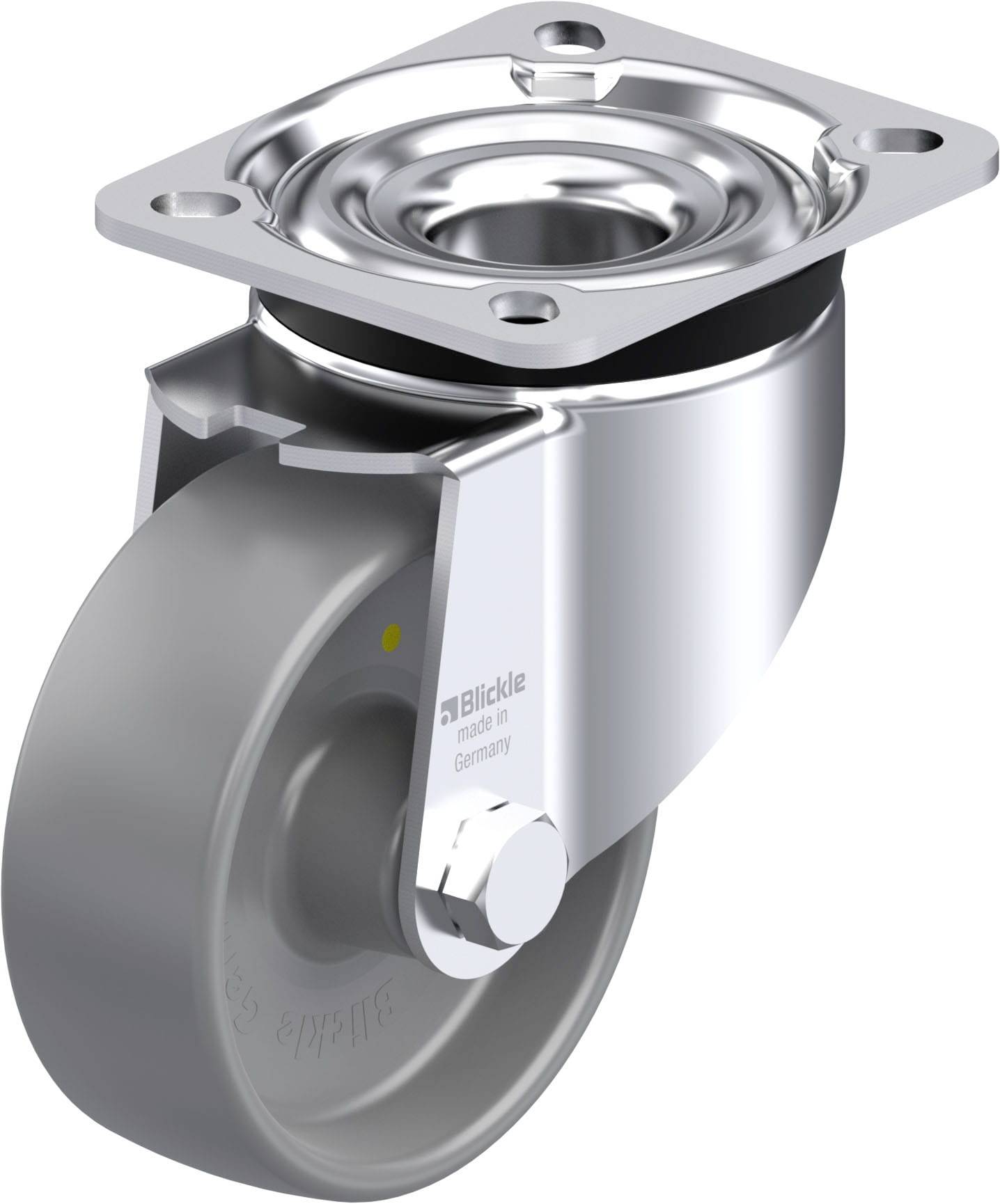 Industrieweichbodenrolle mit Stahlgehäuse und grauem Gummirad, geeignet für schwere Lasten.