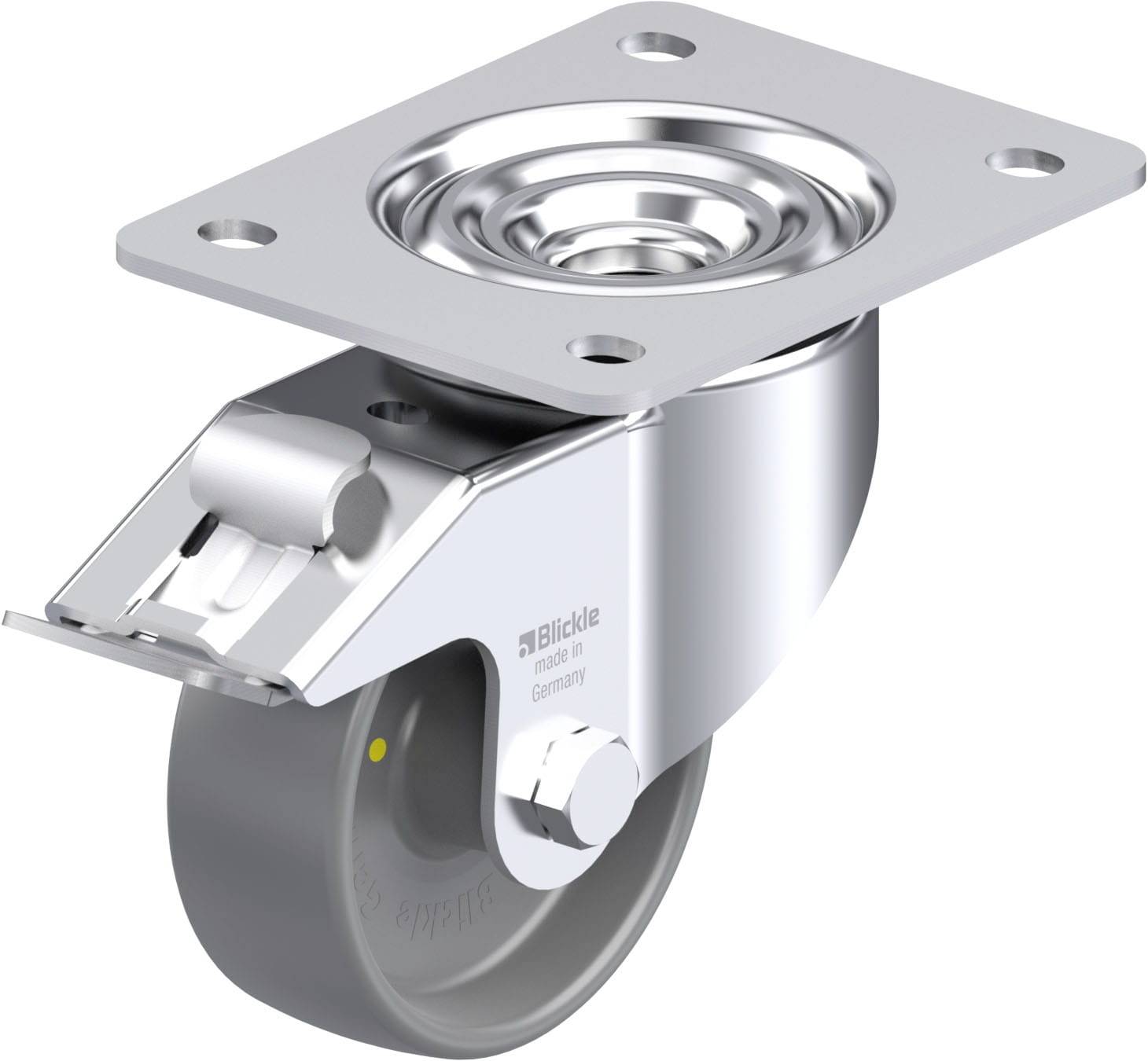 Schwenkrolle aus Metall mit grauem Rad und Befestigungsplatte, geeignet für schwere Lasten und industrielle Anwendungen.