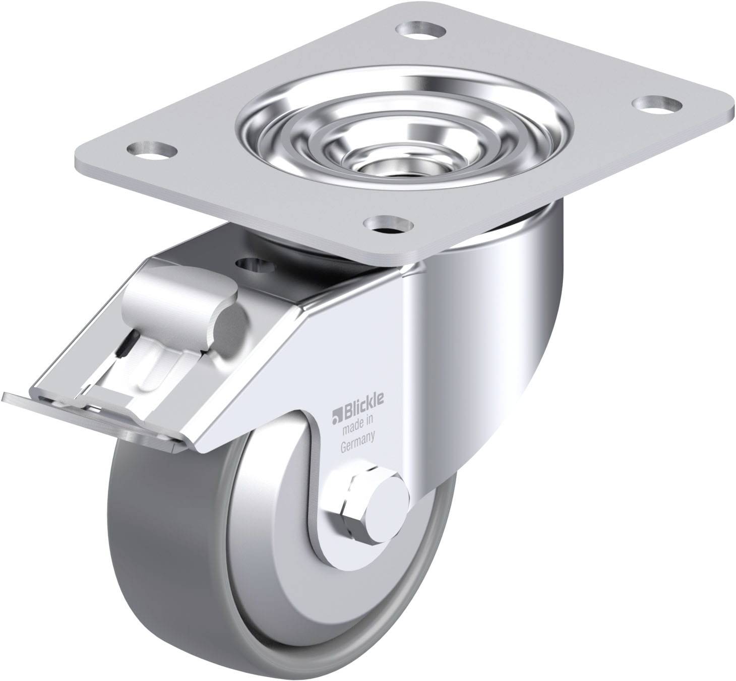 Eine drehbare Apparaterolle aus Metall mit Bremse, montiert an einer quadratischen Platte, ideal für Möbel oder Geräte.