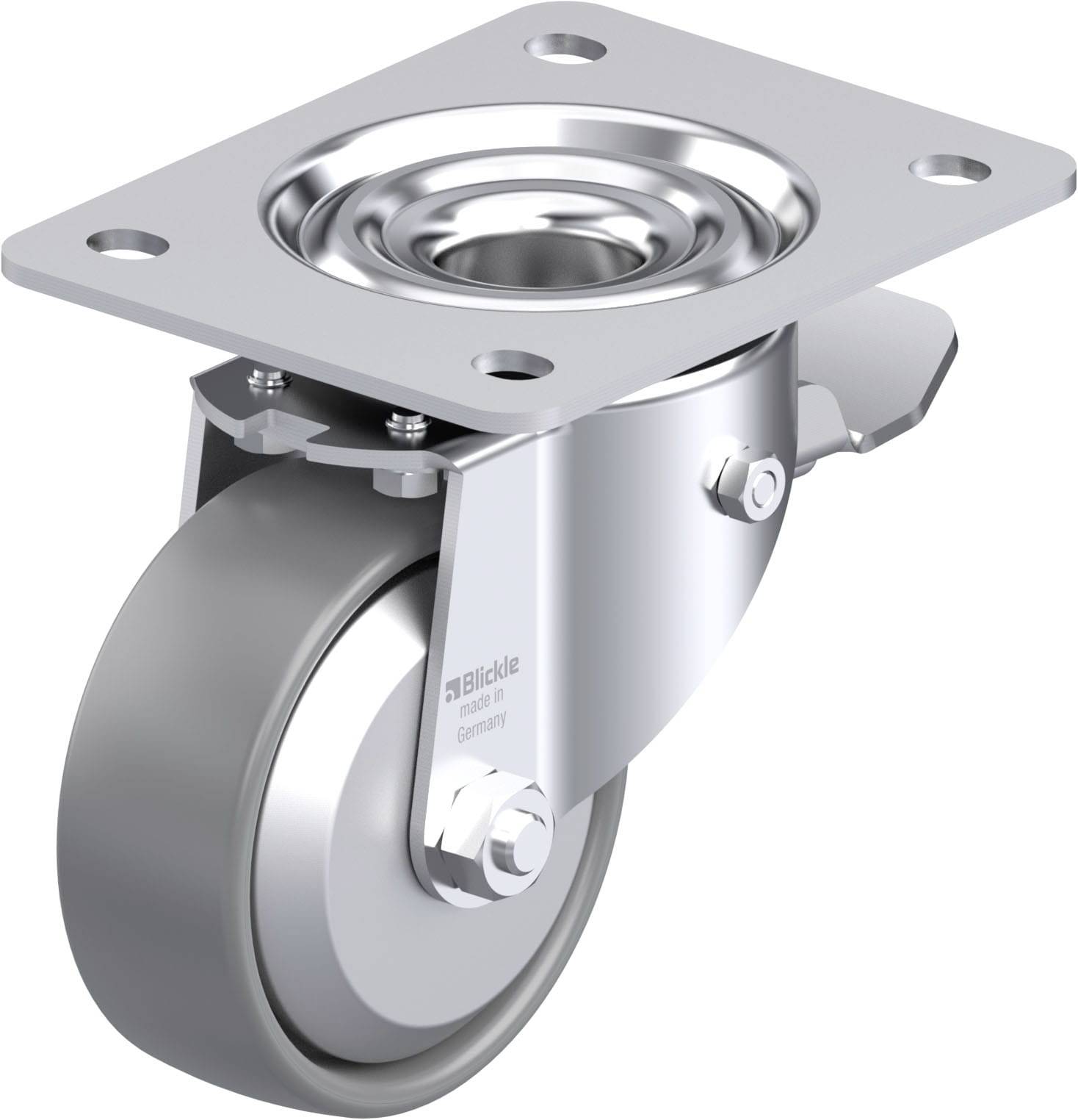 Industrie-Lenkrolle aus Metall mit grauem Rad, geeignet für schwere Lasten.