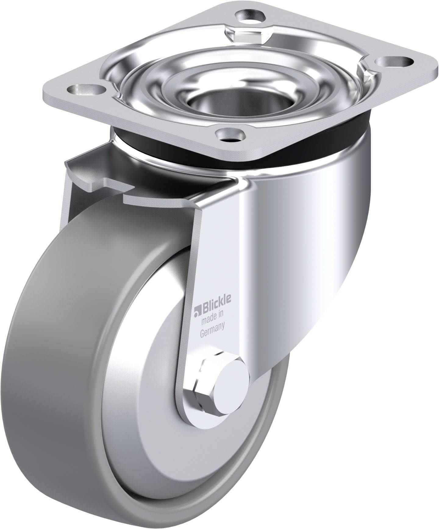 Schwenkrolle mit Metallgehäuse, graues Rad, rechte obere Perspektive. Verwendung in Transport- oder Industrieanwendungen.