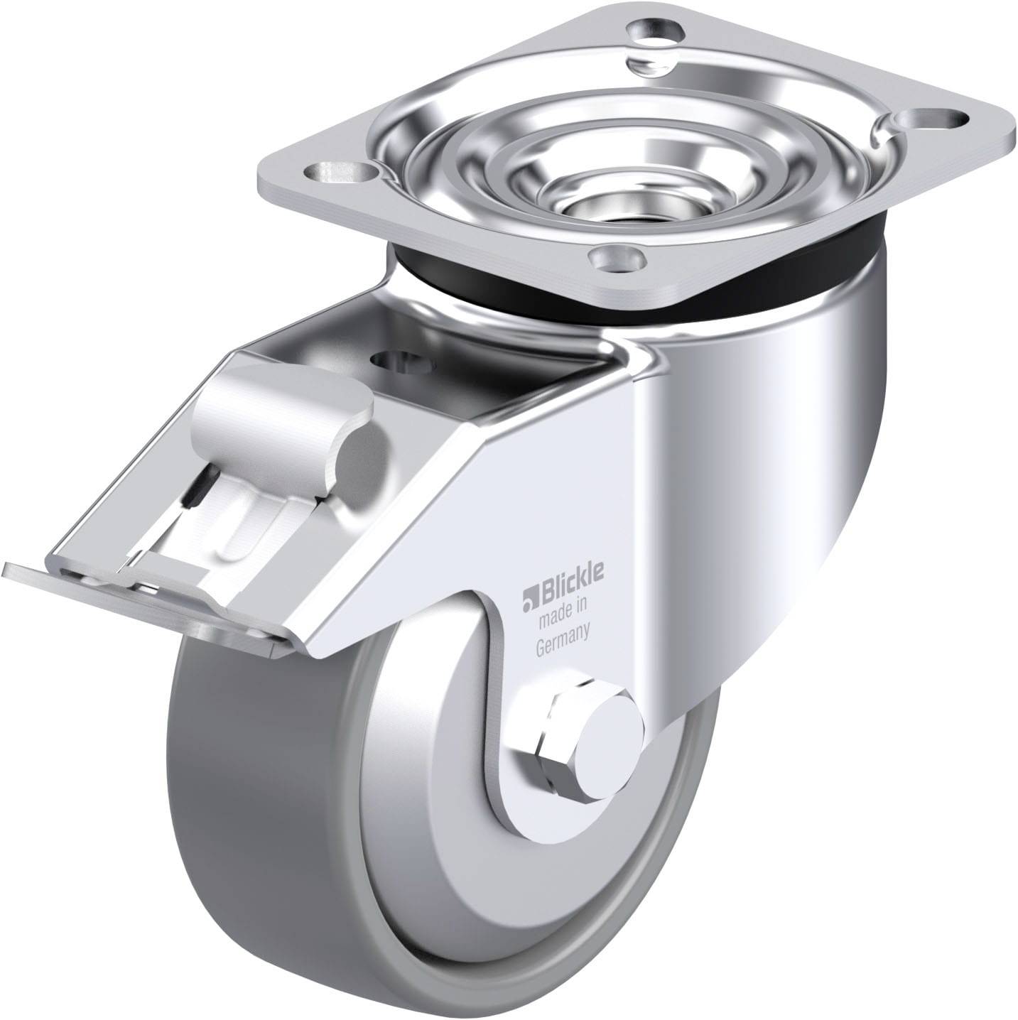 Drehbares Lenkrollenrad aus Metall mit grauem Rad und Befestigungsplatte, geeignet für Möbel oder industrielle Anwendungen.