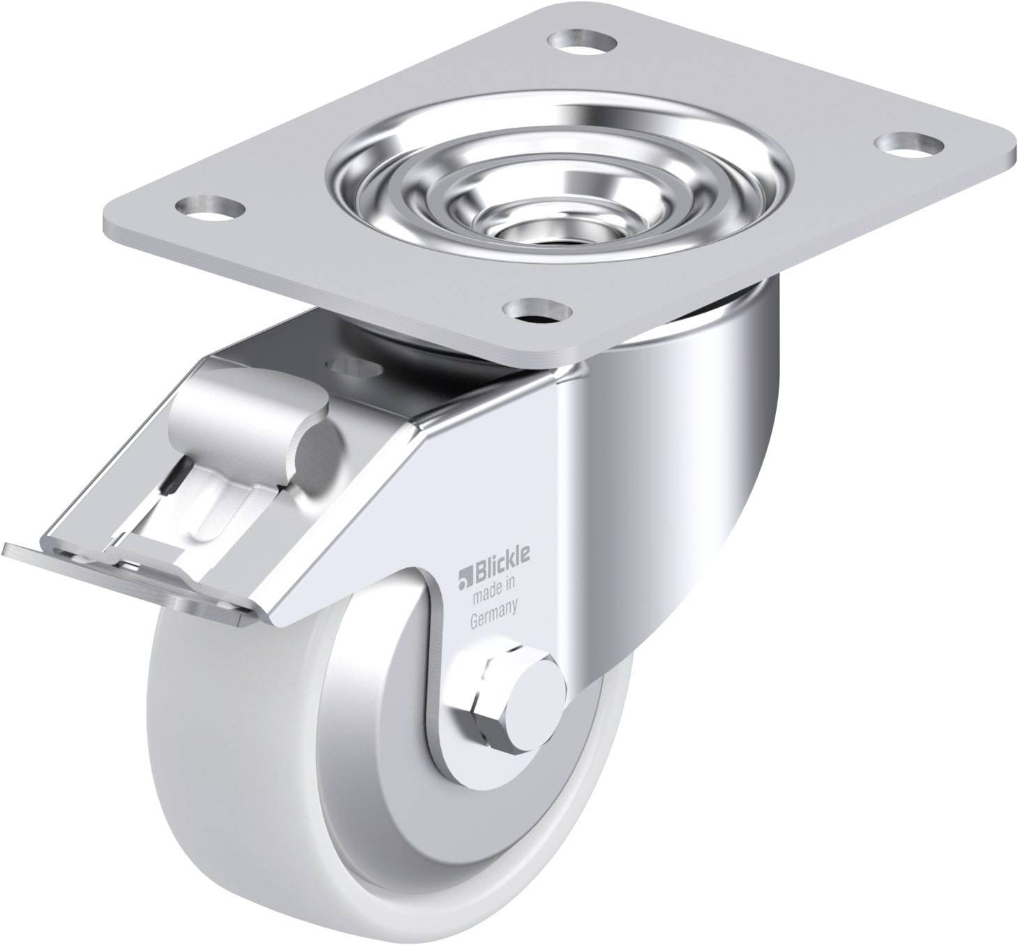 Schwenkrolle aus Metall mit grauem Rad, geeignet für den Einsatz unter schweren Lasten. Befestigungsplatte oben für einfache Montage.