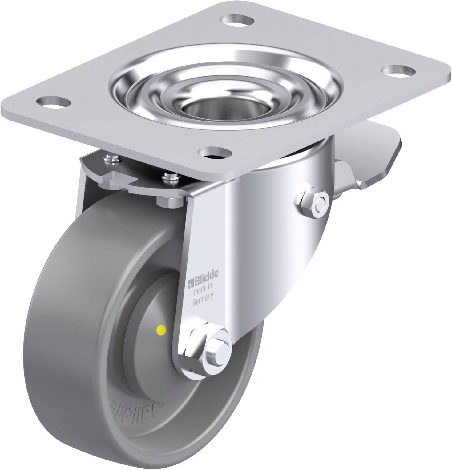 Gummi-Lenkrolle mit grauem Rad, silbernem Metallgehäuse und Montagesockel. Geeignet für industrielle Anwendungen und Möbel.