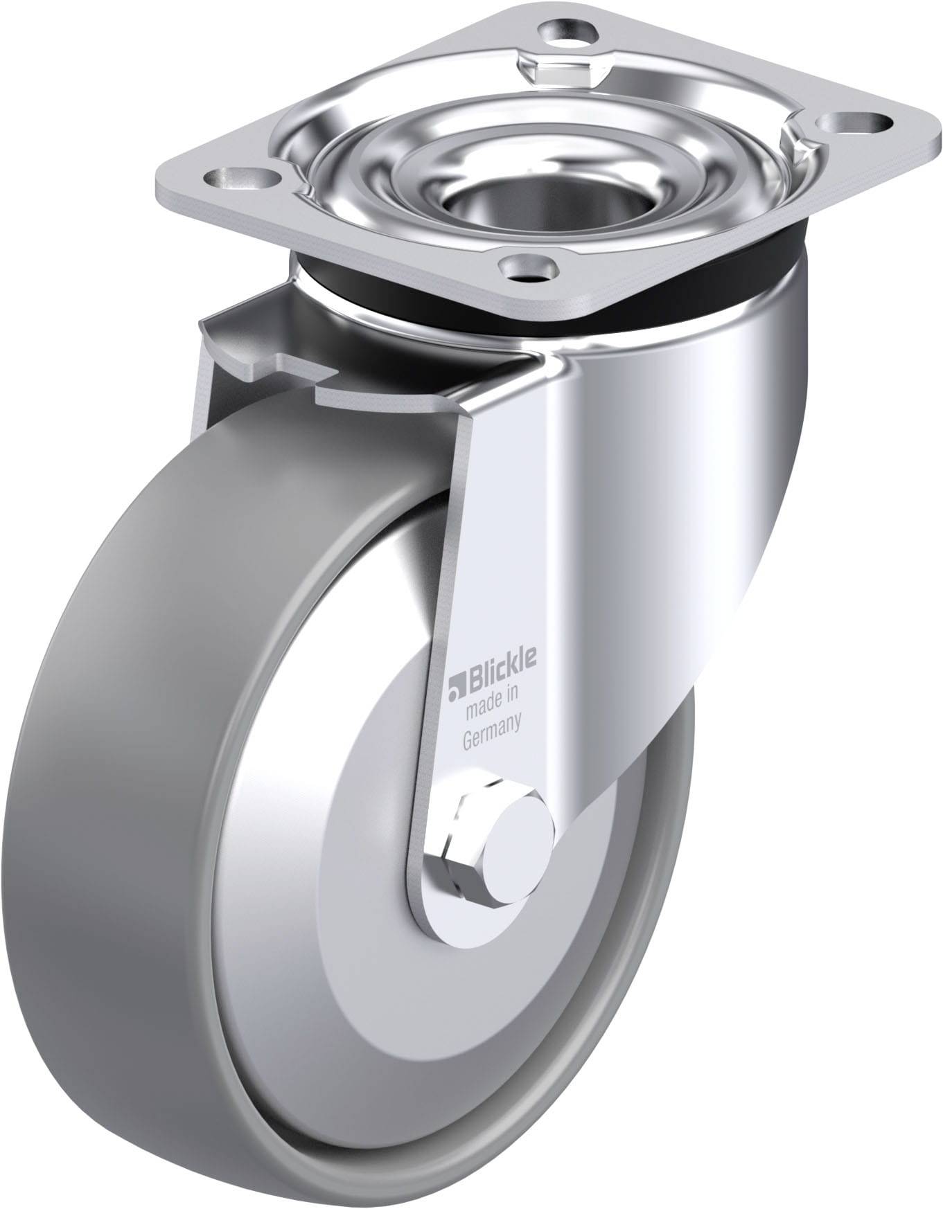 Schwenkrolle aus Metall mit grauem Rad und Befestigungsplatte, geeignet für Möbel oder Transportgeräte.