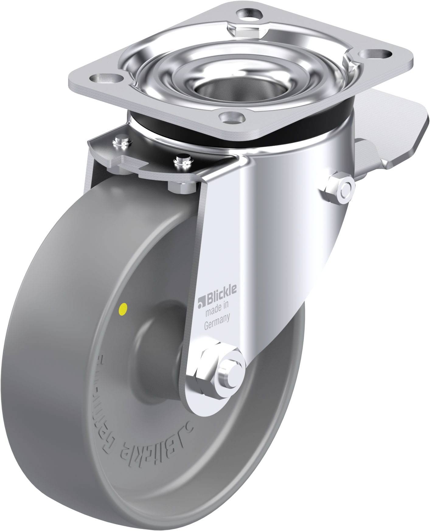 Ein schwenkbares graues Rad mit Metallgehäuse von 'Blickle', hergestellt in Deutschland. Geeignet für industrielle Anwendungen.