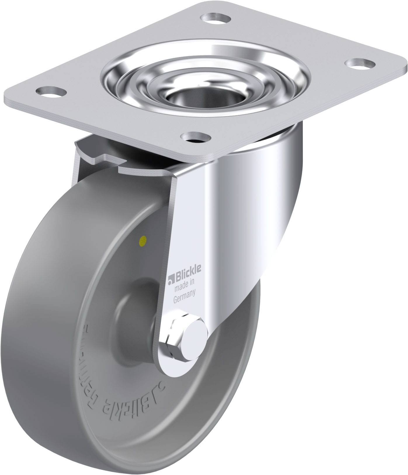 Schwenkrolle aus Metall mit grauem Rad und Befestigungsplatte, Produkt von Blickle mit Aufschrift made in Germany.