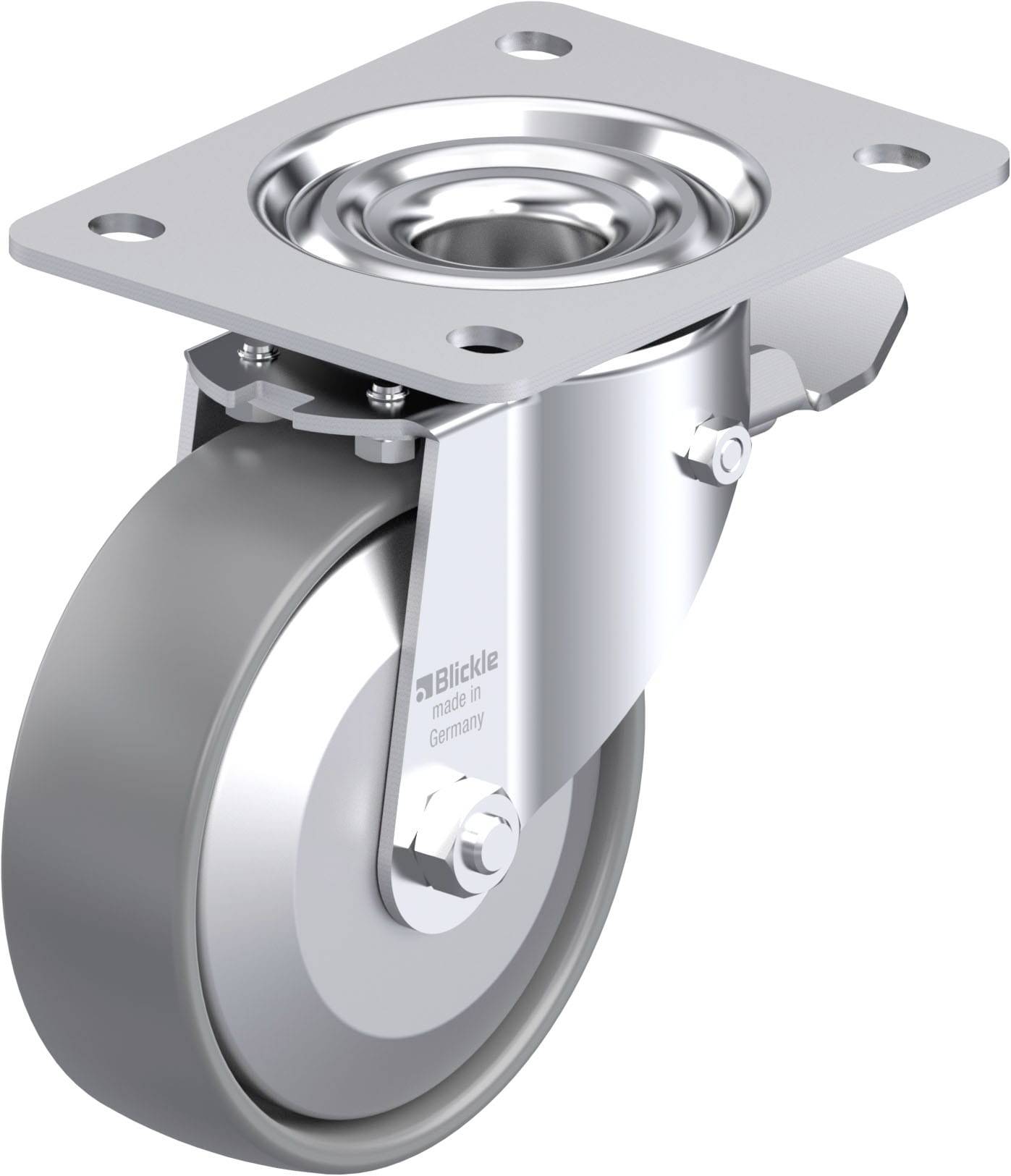 Schwenkrolle aus Metall mit grauem Rad, oben Montagemöglichkeit, für industrielle Anwendungen. Passend für schwere Lasten.