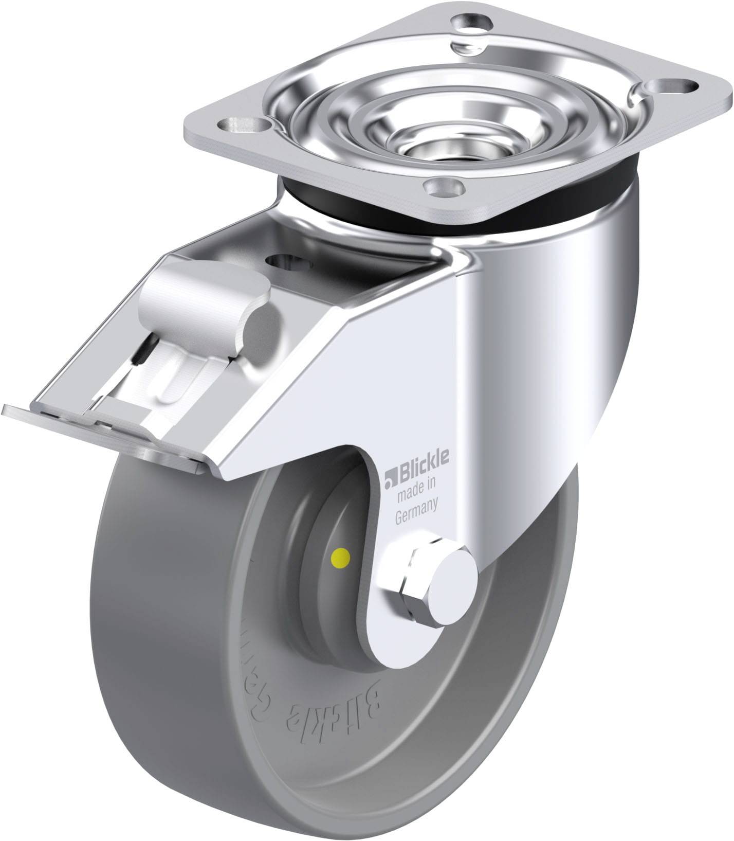 Metall-Rollenhalterung mit grauer Gummiradrolle, geeignet für Möbel oder industrielle Anwendungen. Hochwertige Verarbeitung.