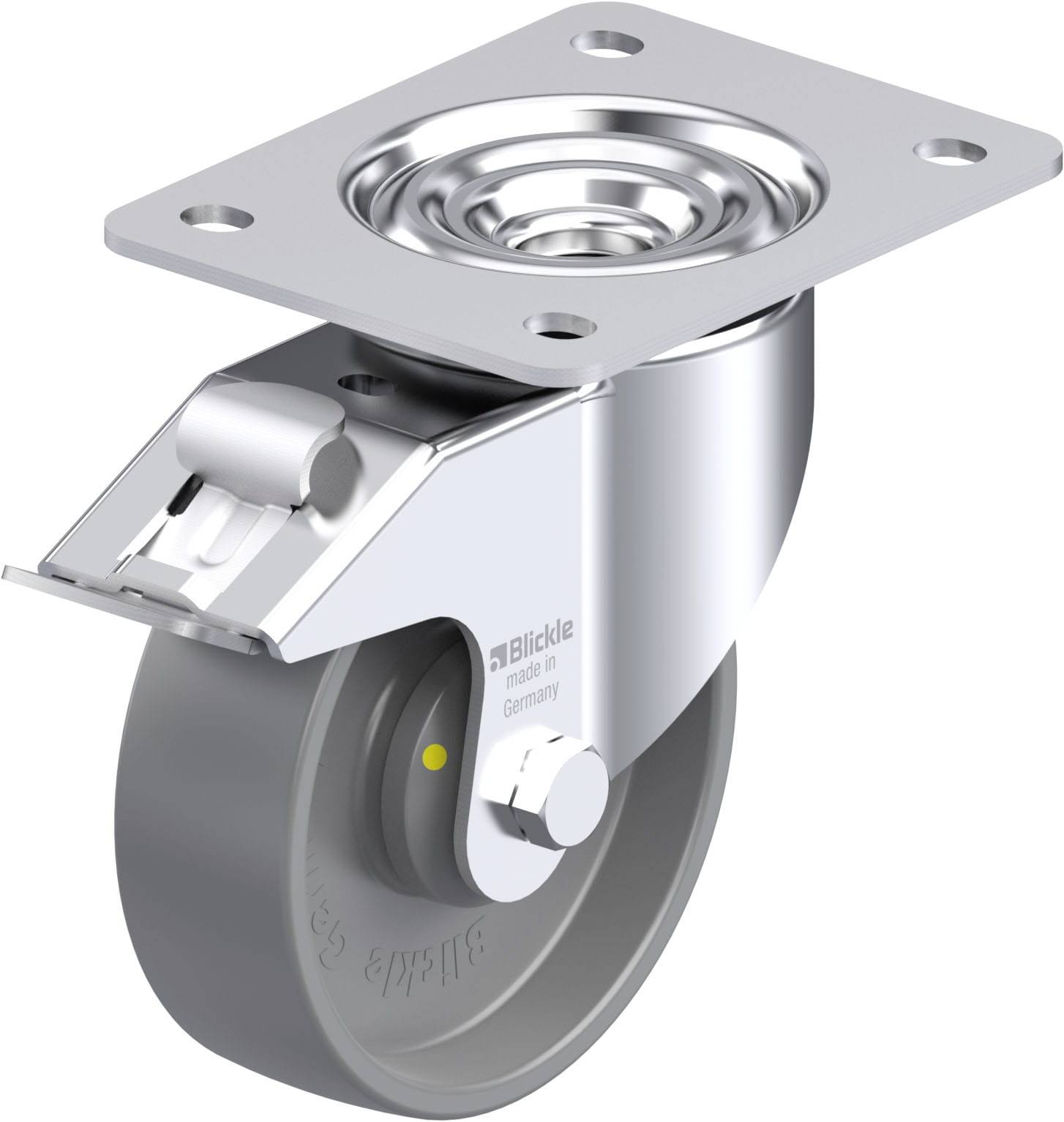 Schwenkrolle aus Metall mit grauem Rad und Befestigungsplatte, hergestellt in Deutschland, geeignet für Möbel oder Transportwagen.