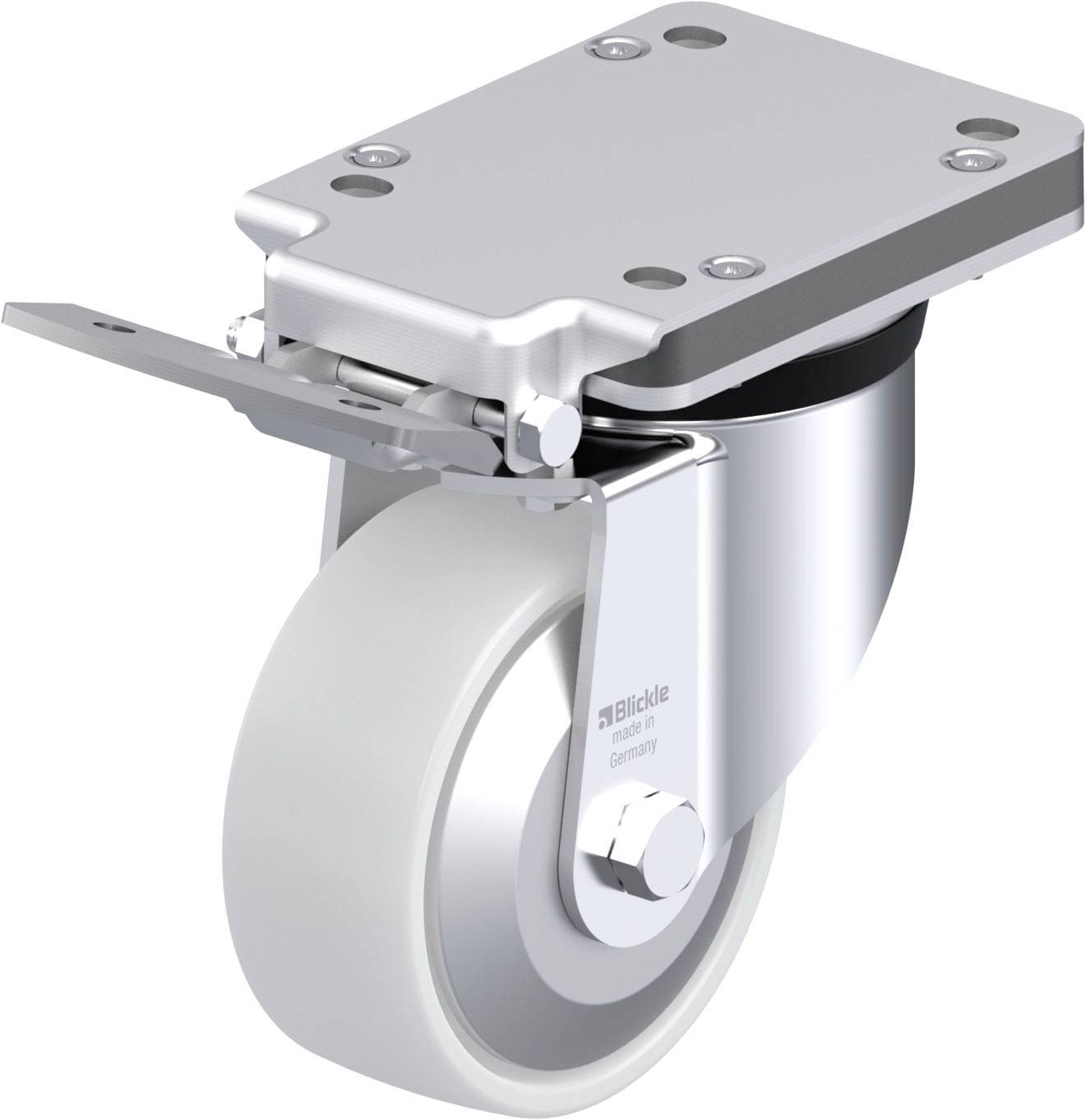 Lenkrolle mit grauem Rad und silbernem Gehäuse, geeignet für Industriegeräte. Seitliche Verriegelung für stabilen Stand.