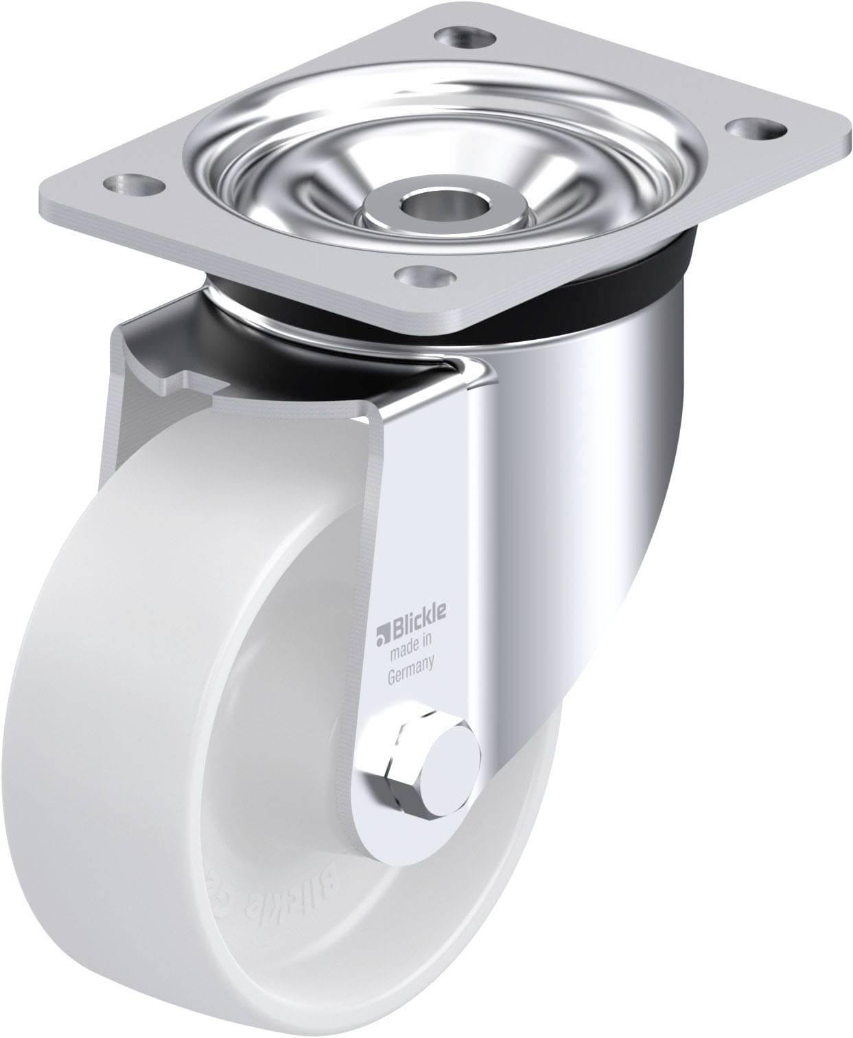 Metallisches Lenkrollenrad mit weißem Rad und Befestigungsplatte. Entworfen für Möbel oder Maschinen. Robust und vielseitig einsetzbar.