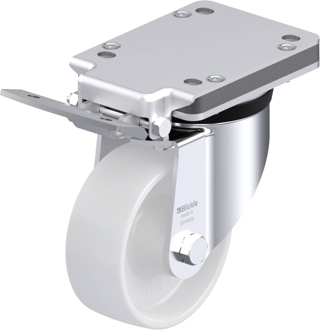 Schwenkrolle aus Metall mit weißem Rad, montierbarer Platte und Bremse, geeignet für Möbel und Transportgeräte.