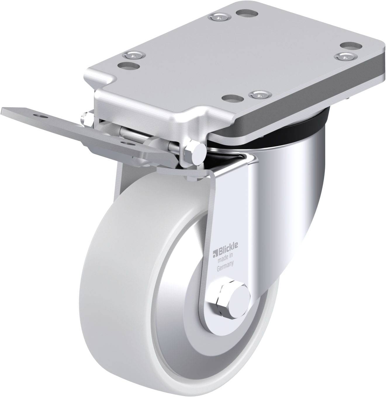 Rolle mit Metallplatte, geeignet zur Befestigung unter Möbeln oder Geräten; robustes Design, vorrangig für industrielle Anwendungen.