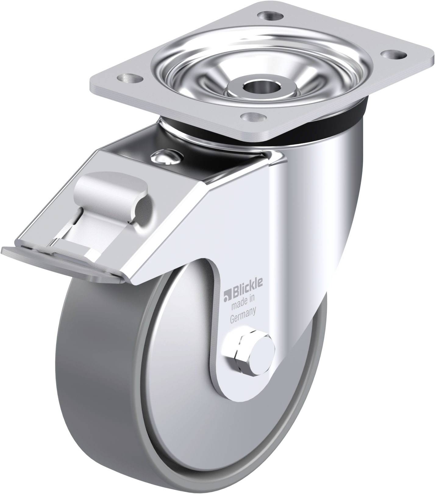 Industrie-Lenkrolle aus Metall mit grauem Rad, Befestigungsplatte oben; Markenschriftzug 'Blickle' und 'made in Germany'.