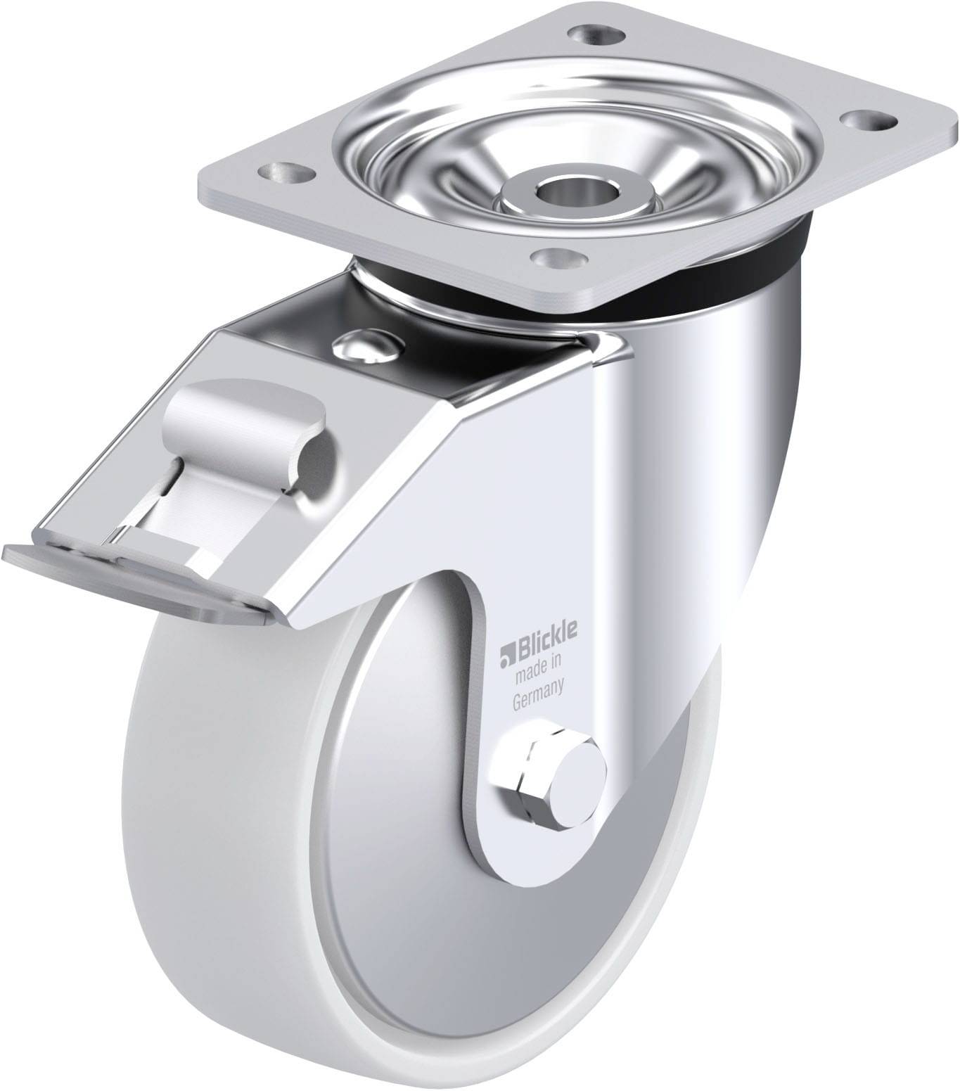 Schwenkrolle aus Metall mit grauem Rad, Befestigungsplatte oben und integriertem Bremssystem, ideal für Möbel oder Wagen.