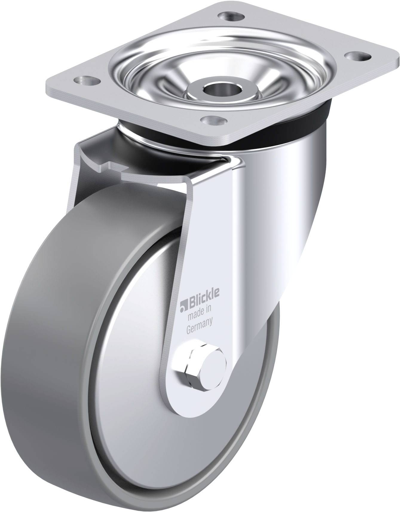 Metalllenkrolle mit grauem Rad und Befestigungsplatte, zum Anbringen an Möbel oder Geräte, beschriftet 'Blickle made in Germany'.